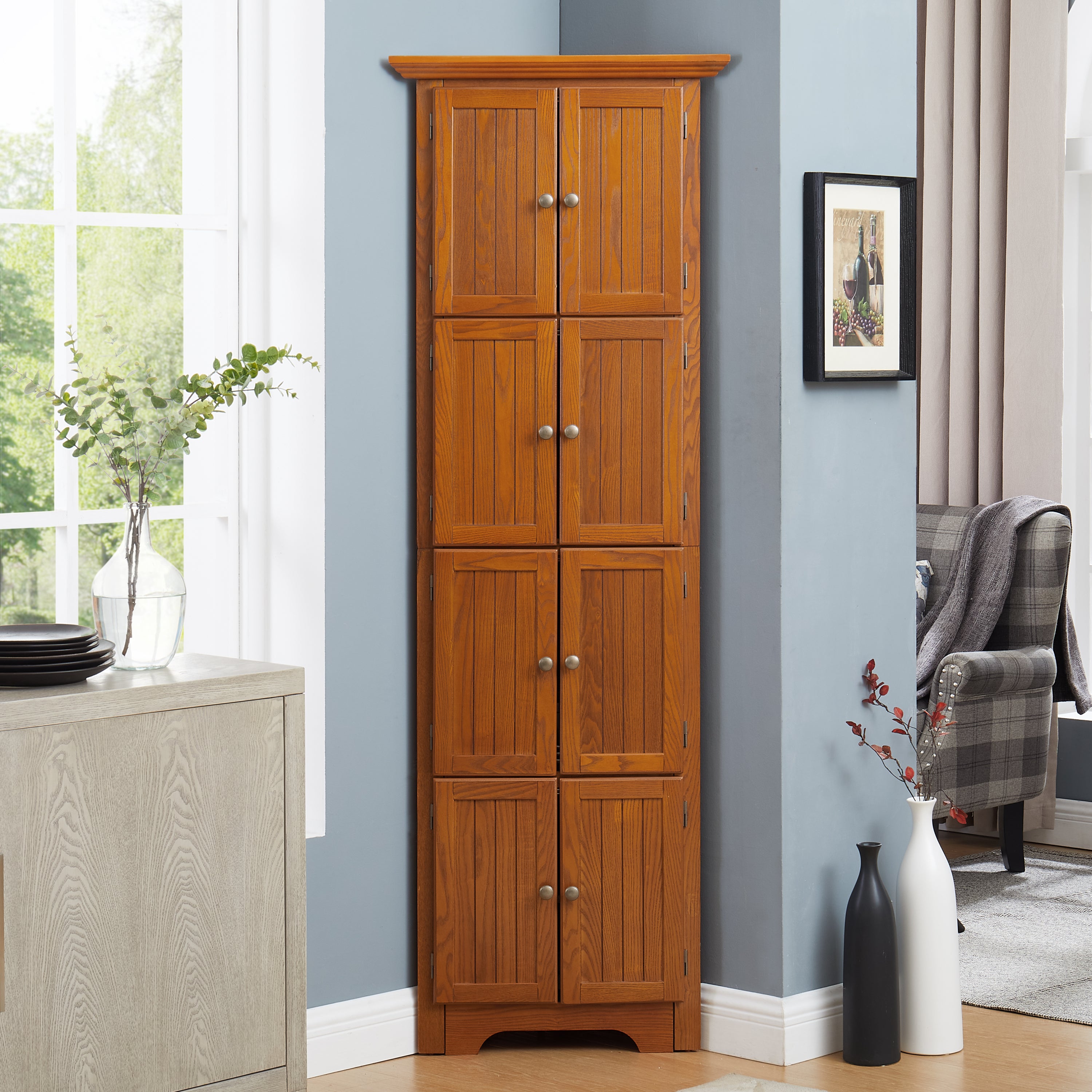 Farmhouse Storage Cabinet with Doors, Cupboard, 24.4 in, Oak, 3-4 Shelves