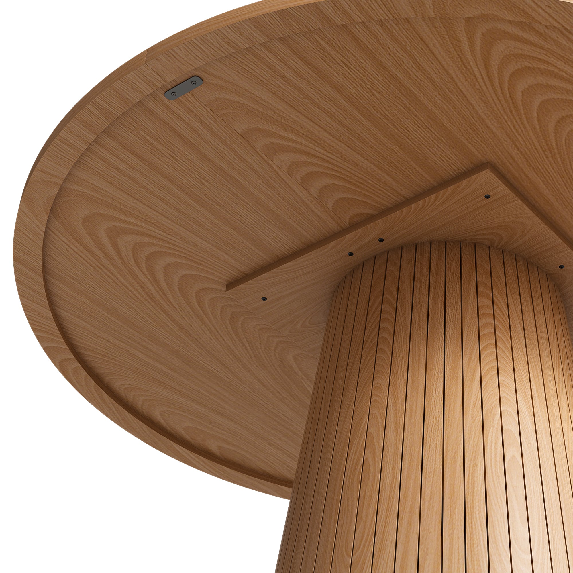 Close-up of the oak tabletop edge meeting the slatted conical pedestal base on a white studio background