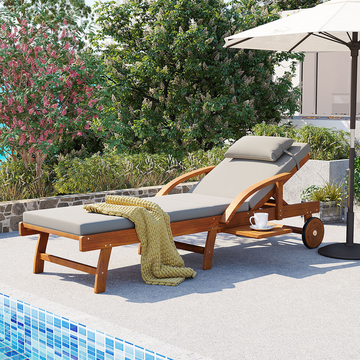 Gray Solid Wood Adjustable Outdoor Chaise Lounge with Cushions, with Headrest
