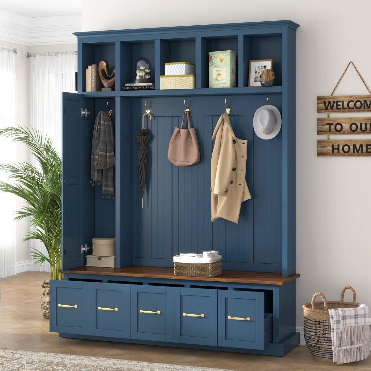 Navy Blue Hall Tree with Bench and Shoe Storage, 59 in Wide