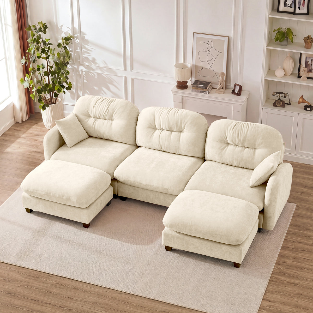 Beige Chenille Modular Sectional Couch with 2 Ottomans, 3-Seat