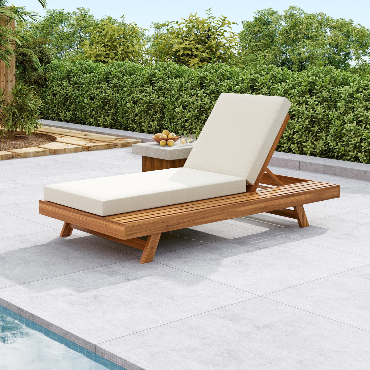 Teak Finish Solid Wood Outdoor Chaise Lounge, Cream Cushion