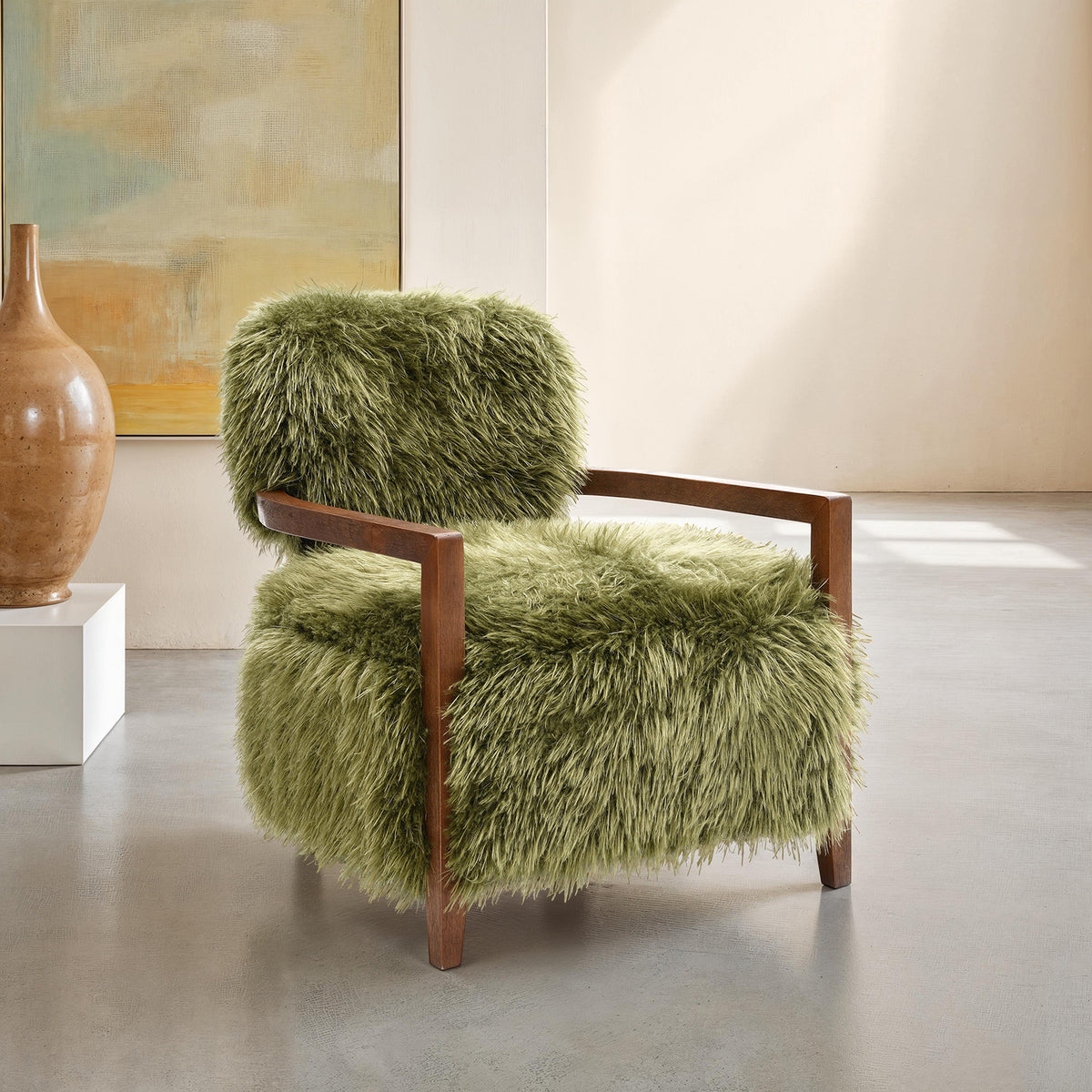 Green Faux Fur Accent Chair, Long Faux Fur