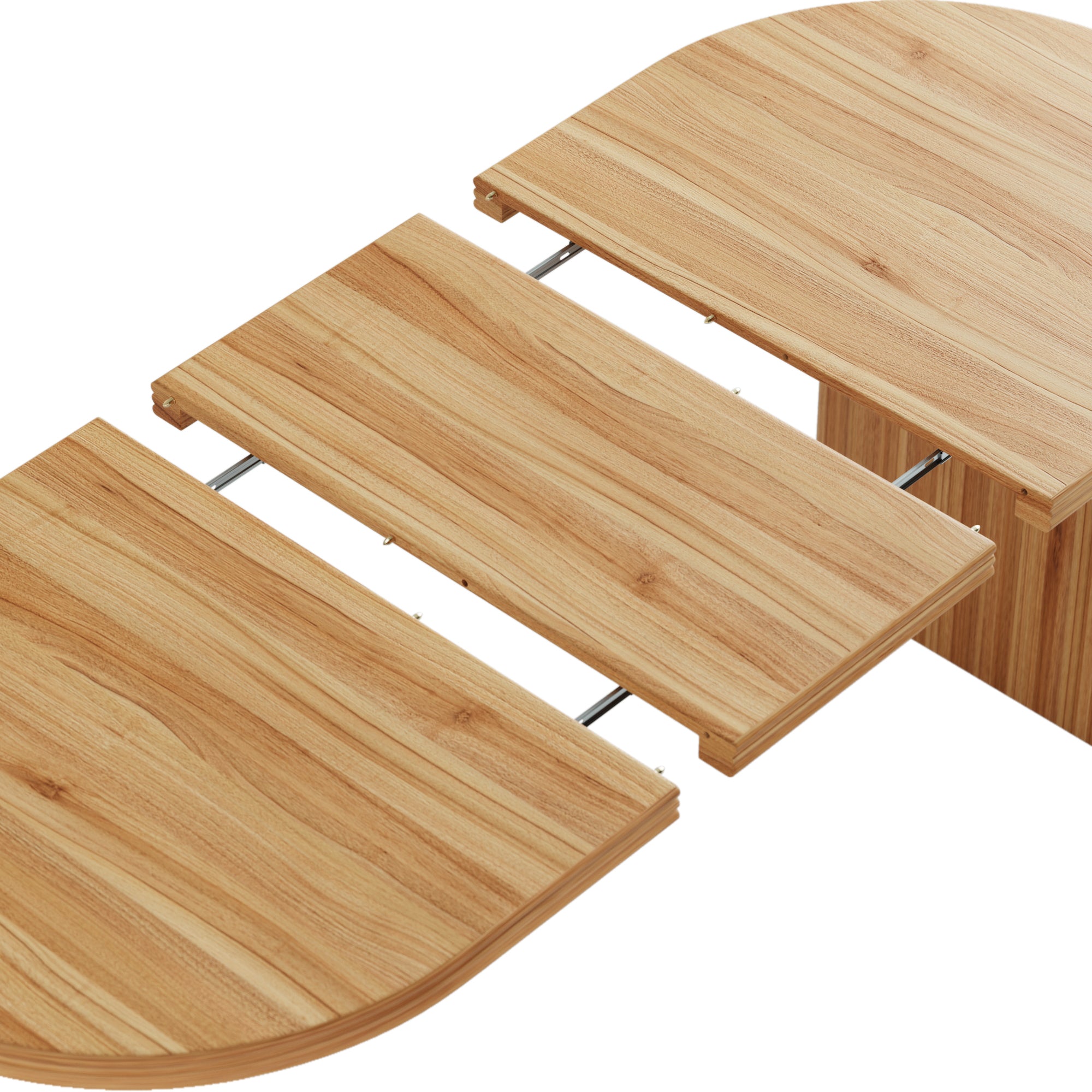 Studio view of the oval table with its leaves separated on the slide rails