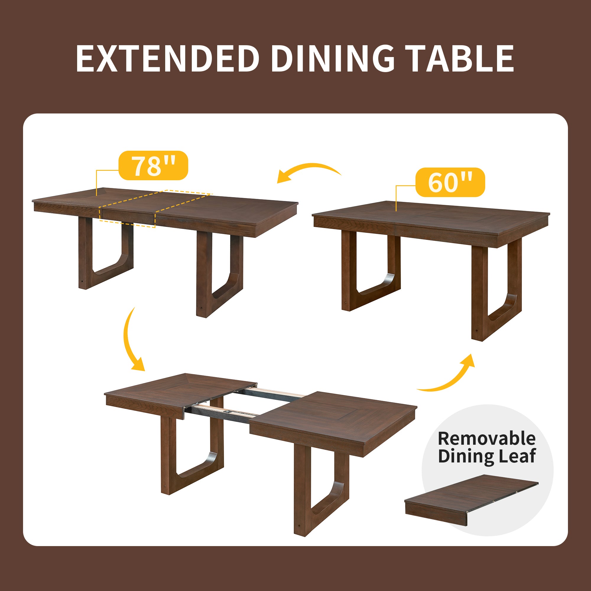 Feature graphic showing the dining table extending from 60 in to 78 in with a removable leaf