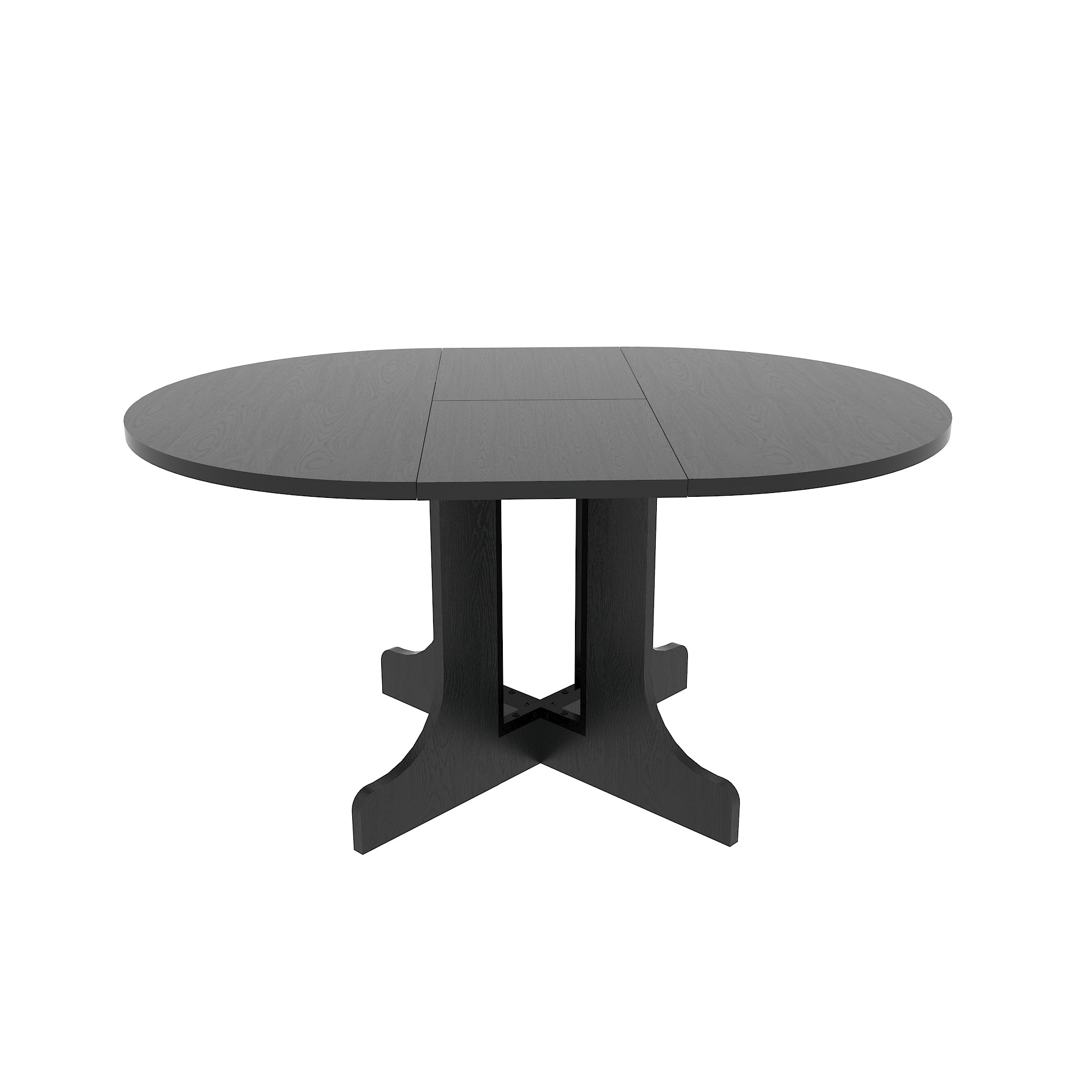 Black oval extendable dining table with an X-shaped pedestal base on a white background