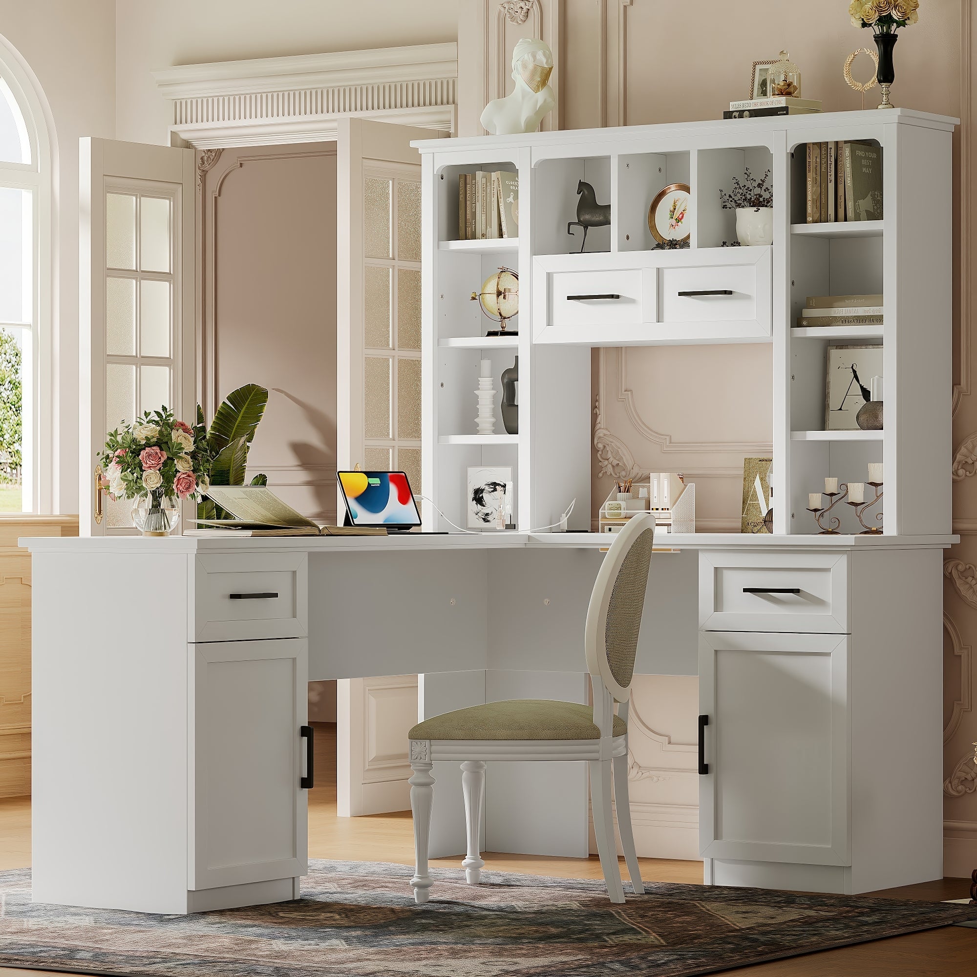 L-Shaped Computer Desk with Drawers, Workstation, 65 in, White