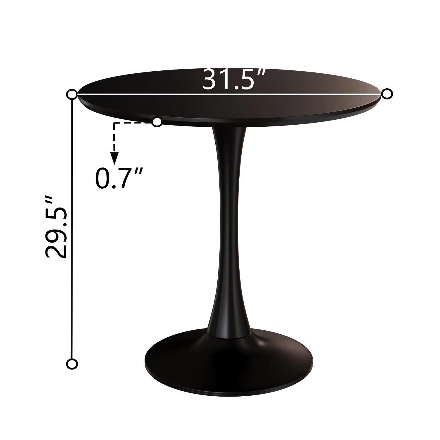 Dimension diagram of black round tulip dining table: 31.5 in wide top, 29.5 in high, 0.7 in thick