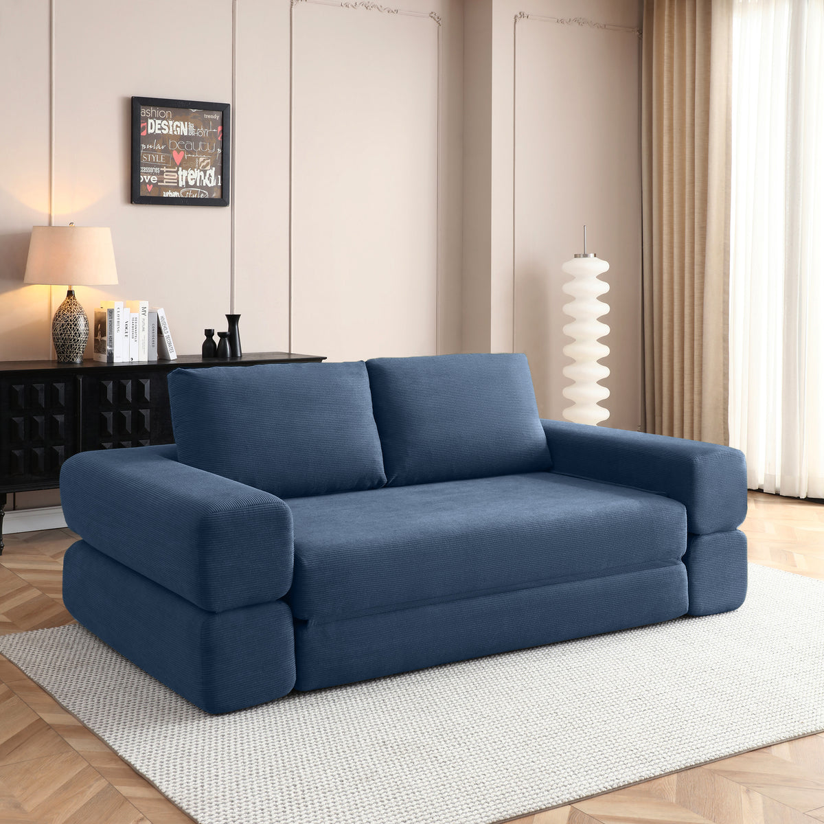 Blue Corduroy 2-Seat Sleeper Sofa, No Assembly, 81 in Wide