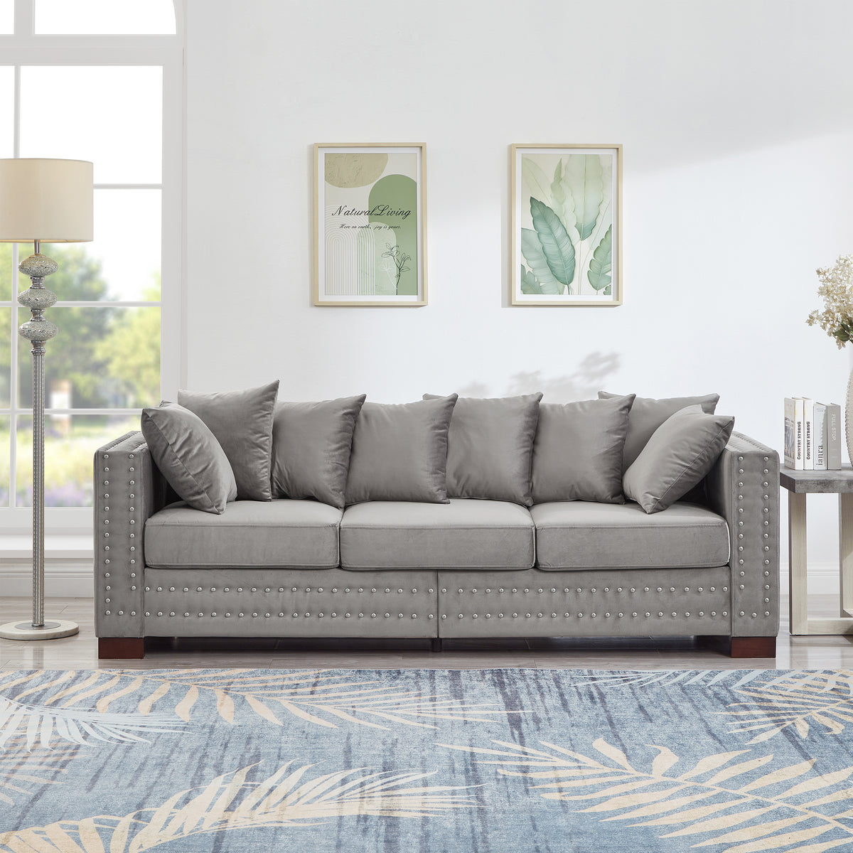 Gray Velvet 3-Seat Couch with Storage, 84.5 in Wide