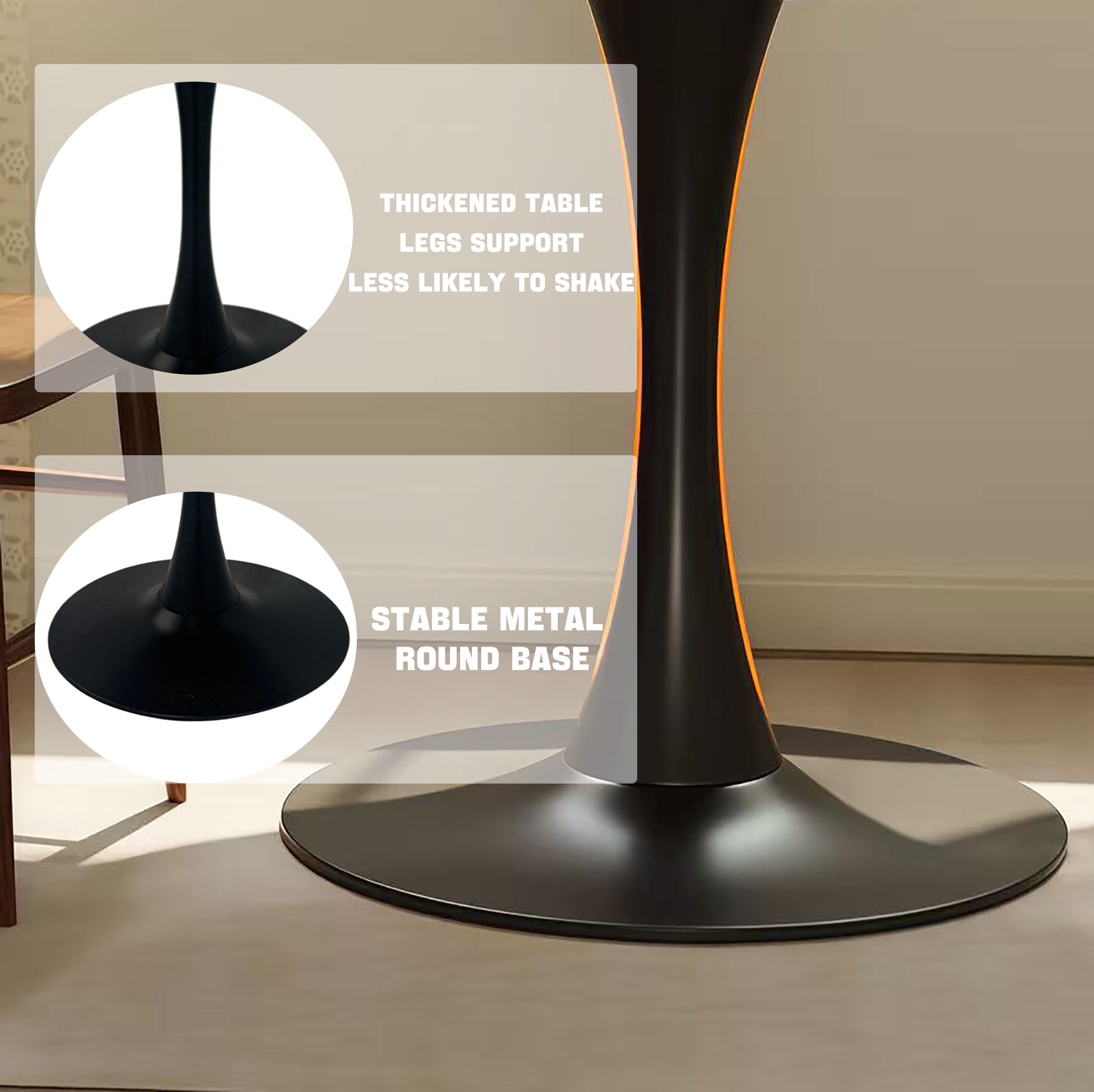 Feature graphic of the black tulip base with insets showing thickened legs and stable metal round base