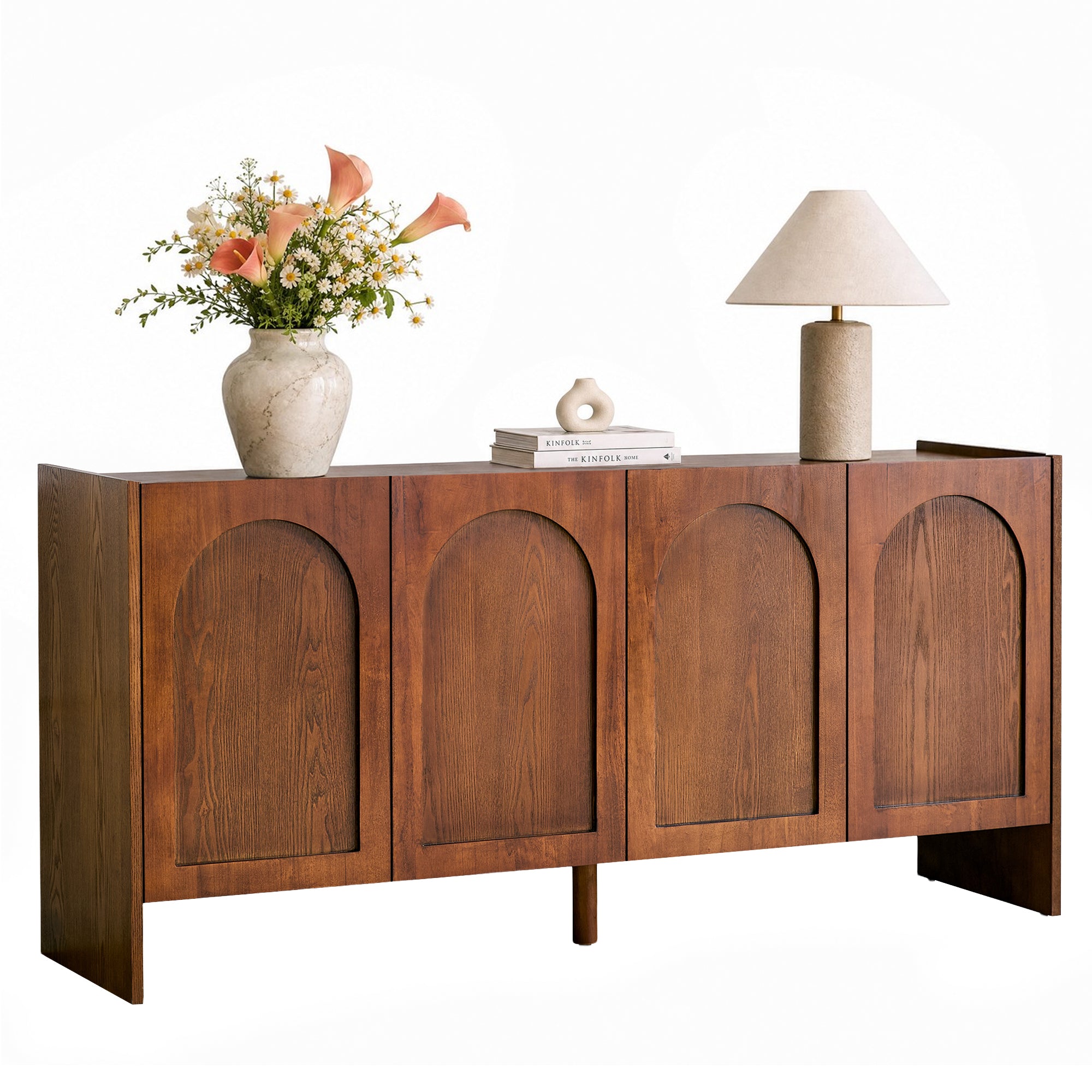 Mid-Century Light Brown Sideboard, Arched 4-Door Credenza