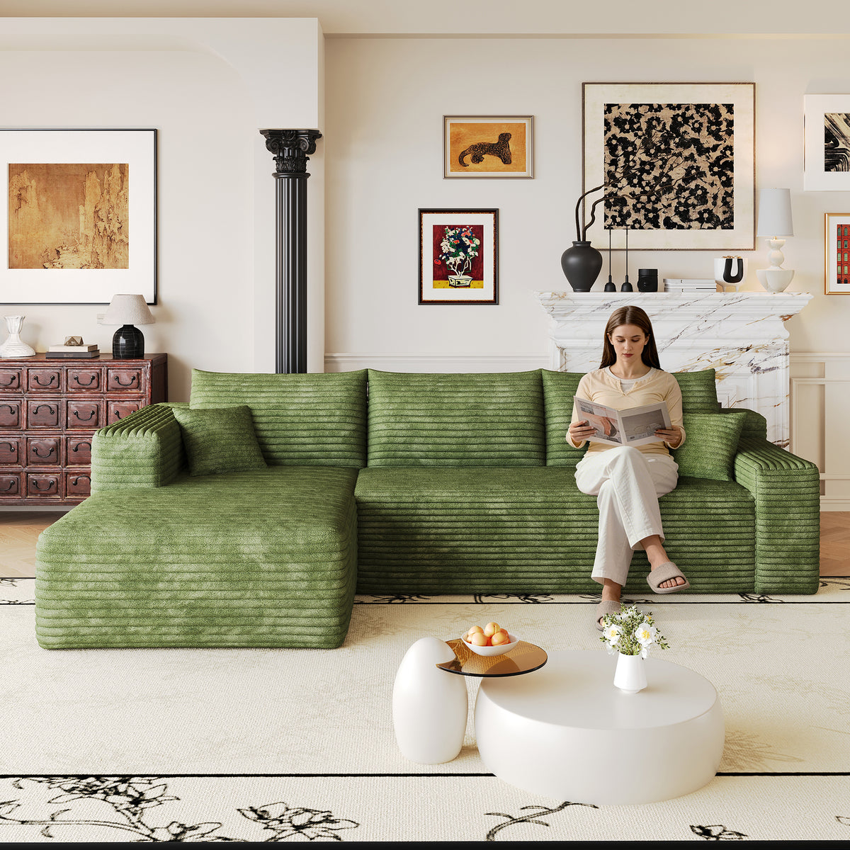 Green Corduroy L-Shaped Sectional, 103.2 in Wide, Left-Facing