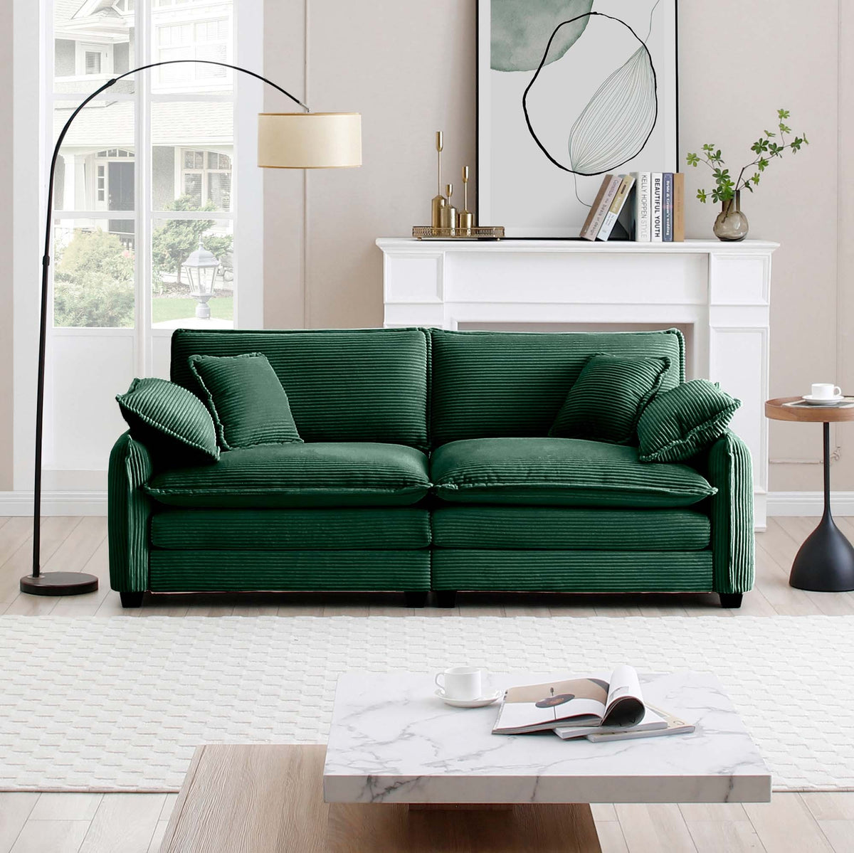 Green Corduroy 2-Seat Couch, Deep Seat