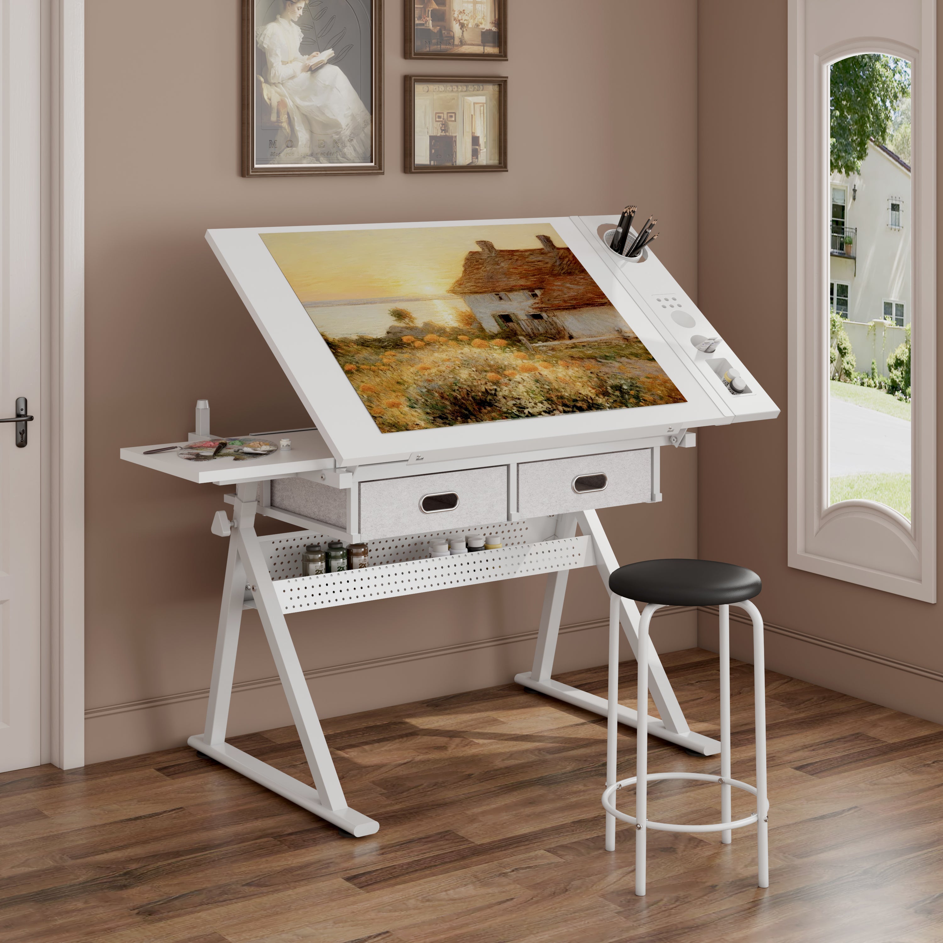 Drafting Table with Drawers, 38.6 in, White, 35.8 in Tall