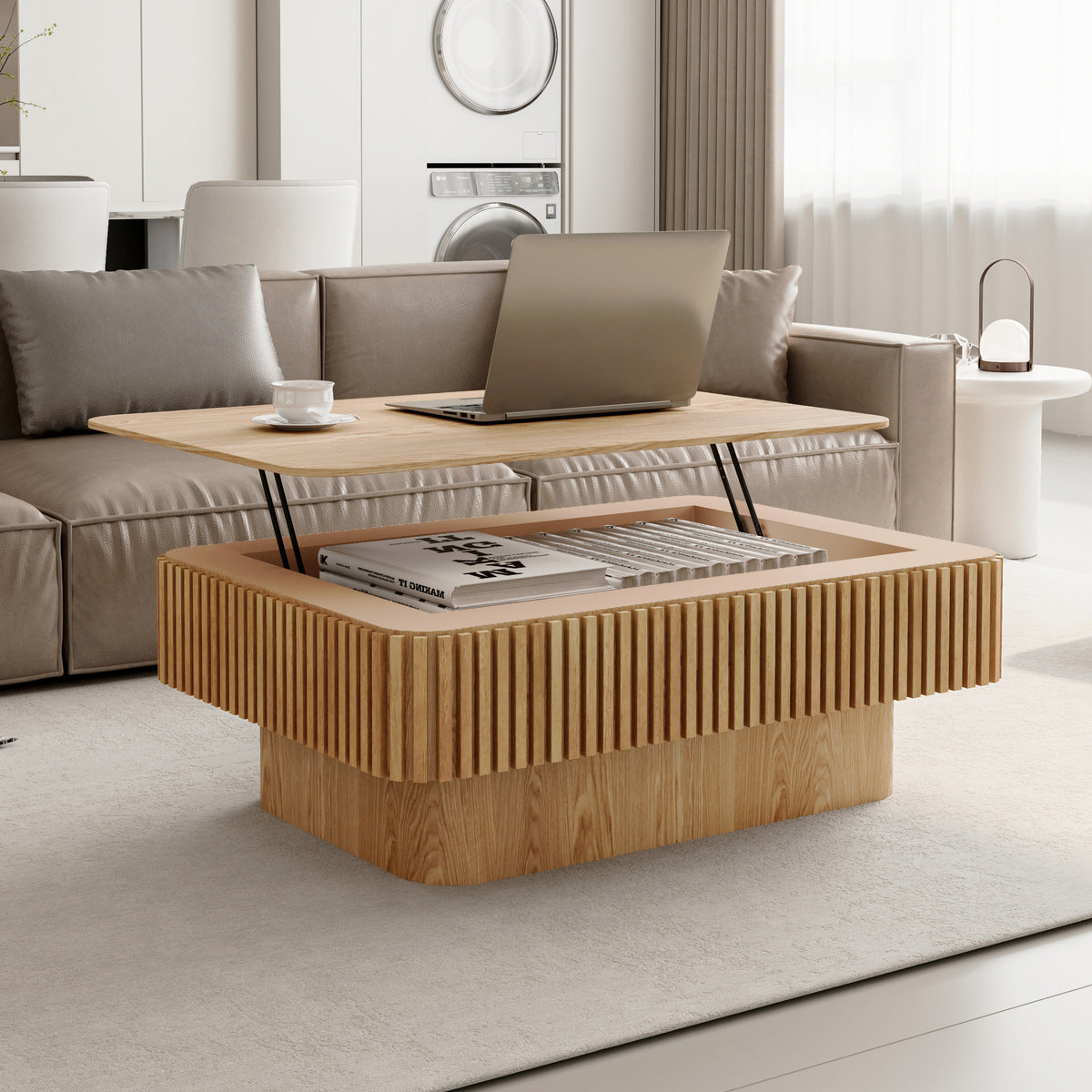 Natural Rectangular Fluted Lift-Top Coffee Table, 38.6 in