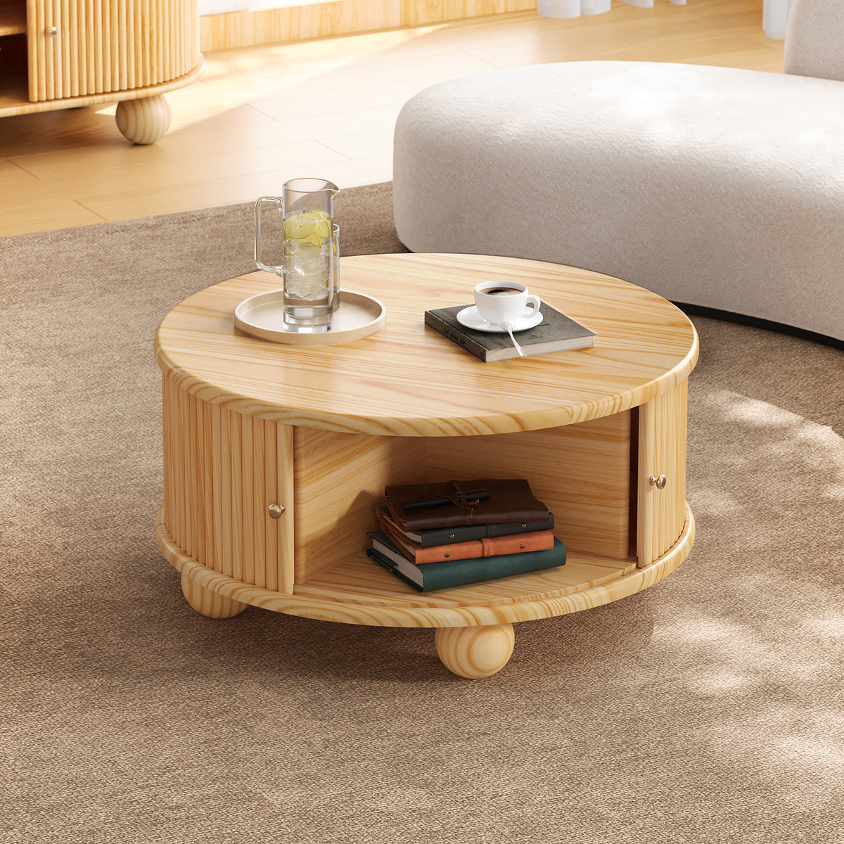 Natural Solid Wood Round Fluted Coffee Table with Storage, 31.8 in