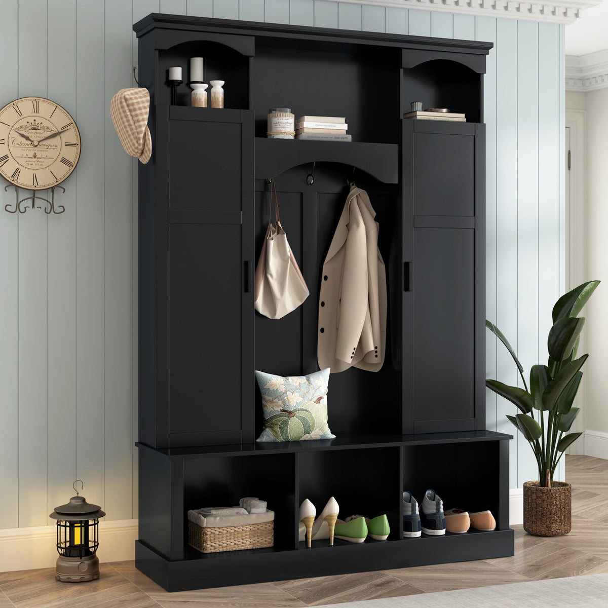 Black Hall Tree with Bench, 55.1 in Wide, Arched