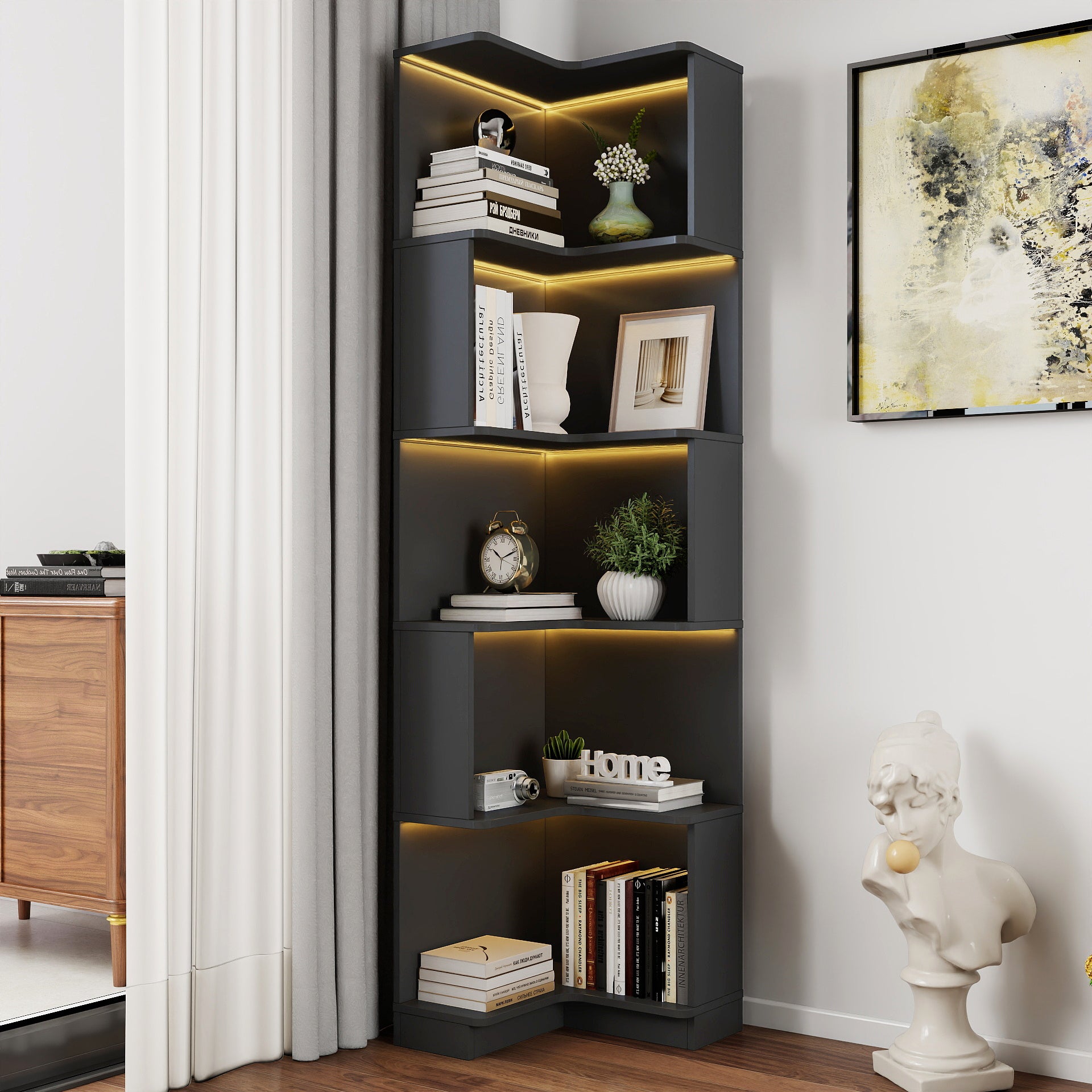 L-Shaped Bookcase with LED Lighting, 16.7 in, Black