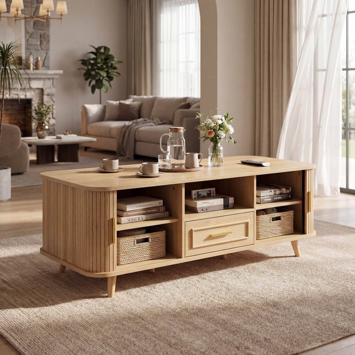 Natural Coffee Table, 1 Drawer, 47.2 in