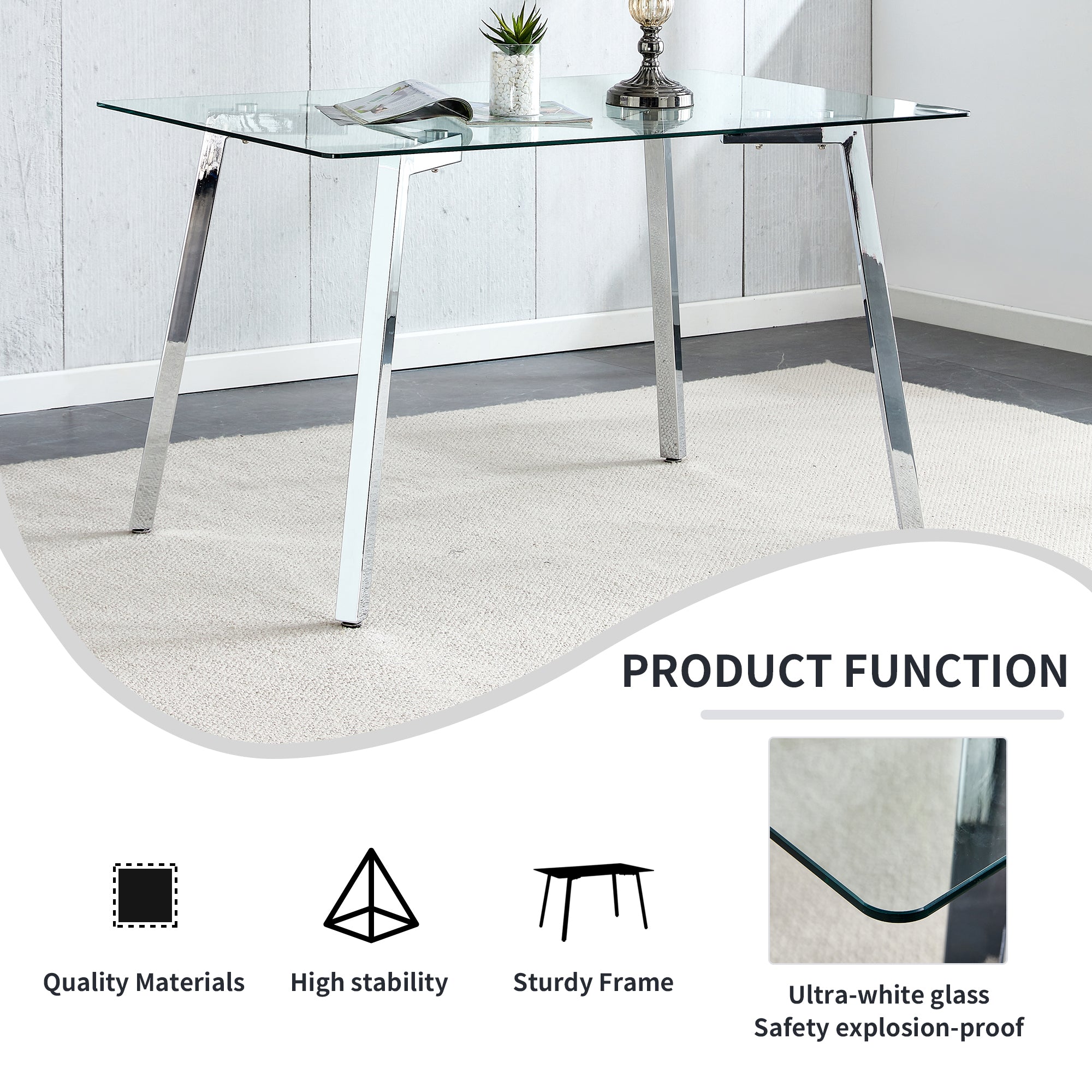 Feature graphic listing quality materials, high stability, sturdy frame and ultra-white safety glass