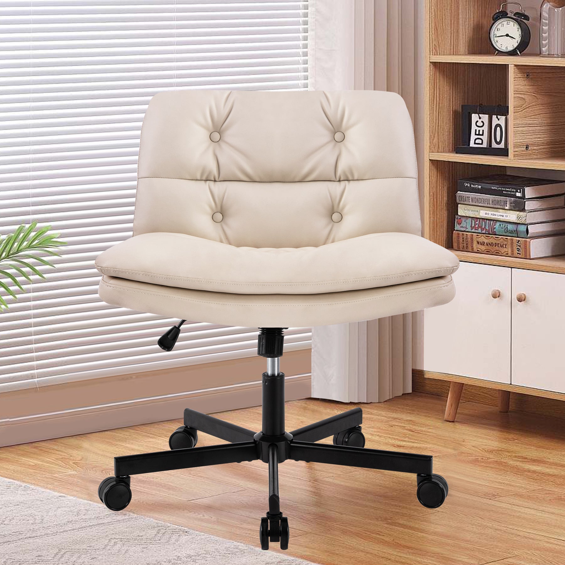 Height Adjustable Rolling Office Chair, 26.4 in, Cream, 24.21 in Deep