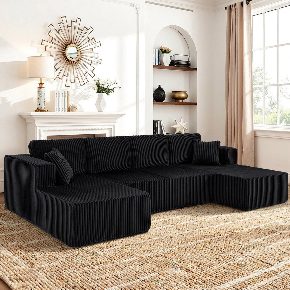Black Corduroy U-Shaped Modular Sectional Couch, No Assembly