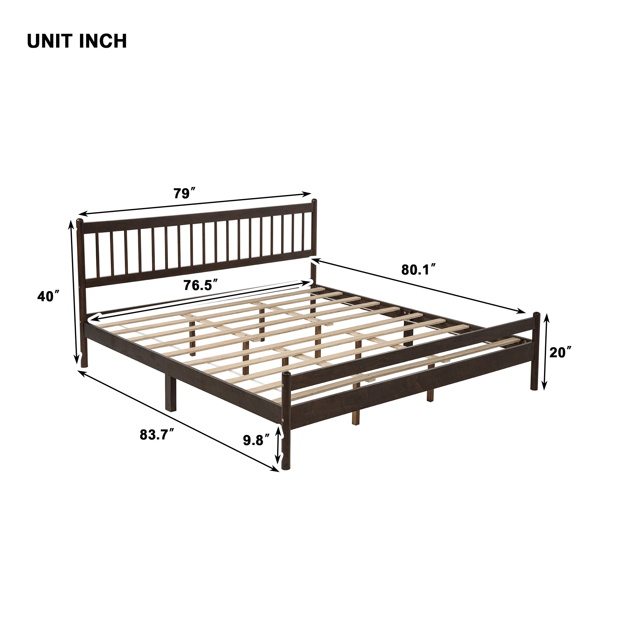 Dimension diagram of king bed frame showing 83.7 x 79 x 40 inches