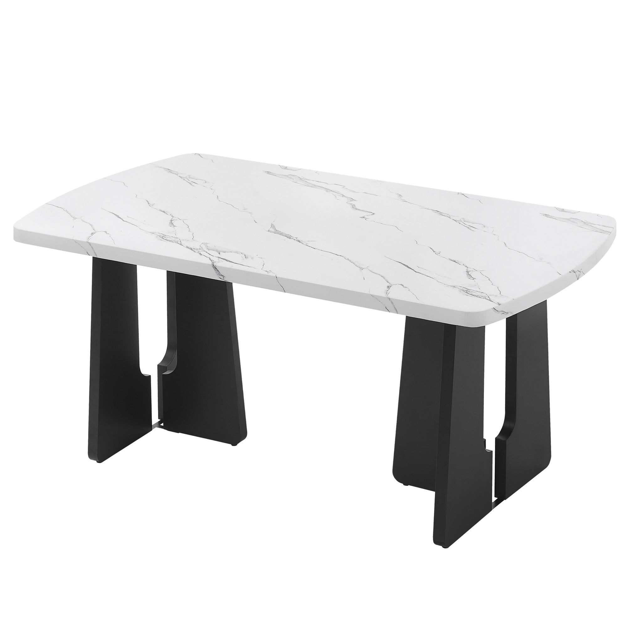 Three-quarter studio view of the white faux marble dining table with black legs on white background