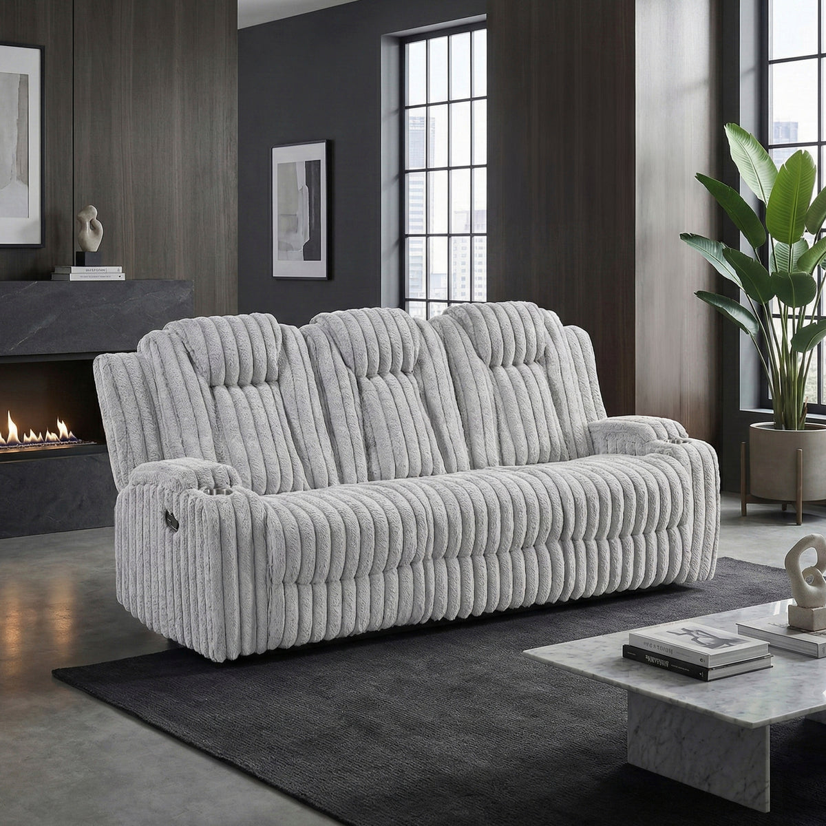 Light Gray Corduroy Reclining Sofa, 84.5 in Wide