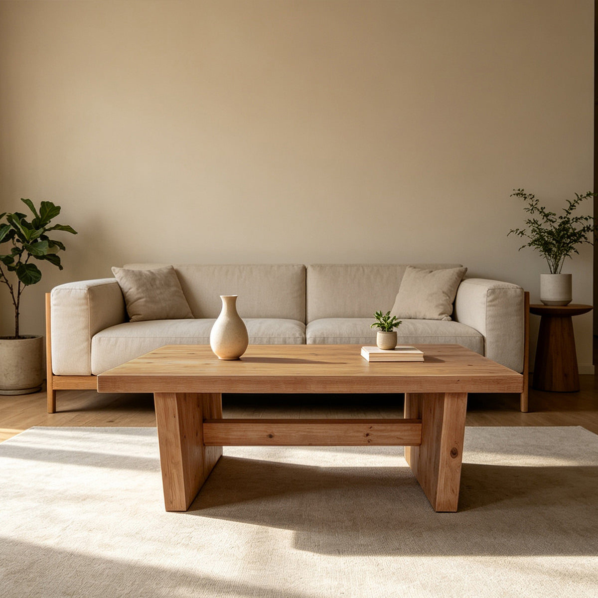 Natural Solid Wood Rectangular Coffee Table, 47.2 in, 17.7 in Tall