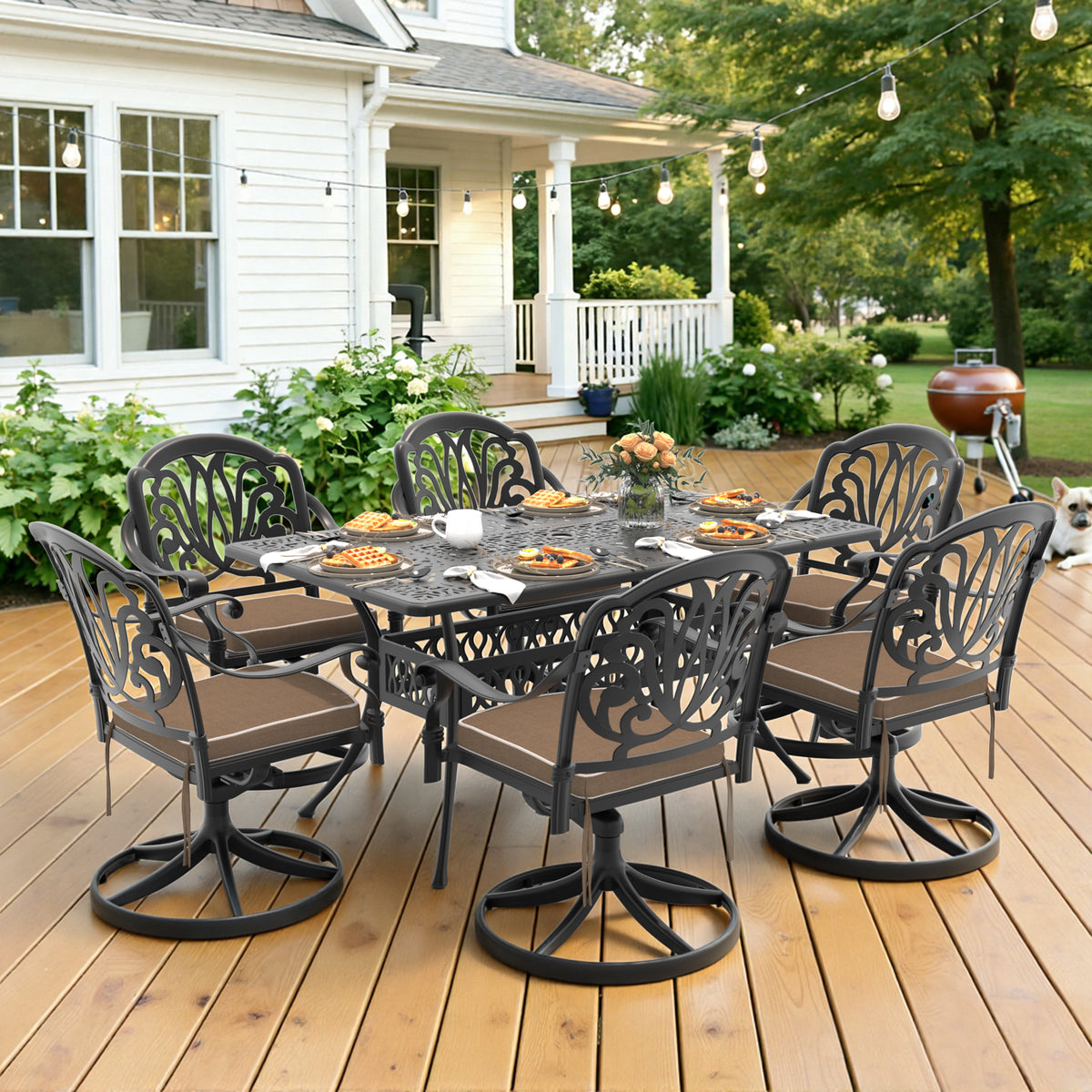 Black Aluminum 7-Piece Patio Dining Set for 6 with Cushions