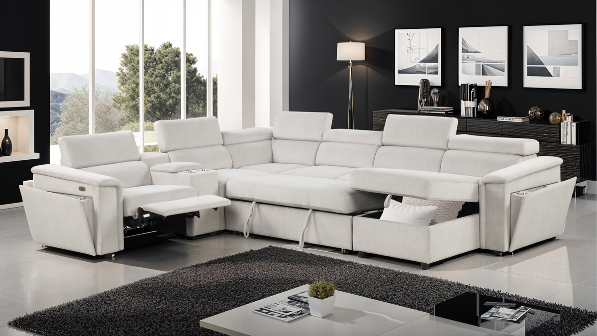 Beige Power U-Shaped Reclining Sectional, 128 in Wide, Right-Facing