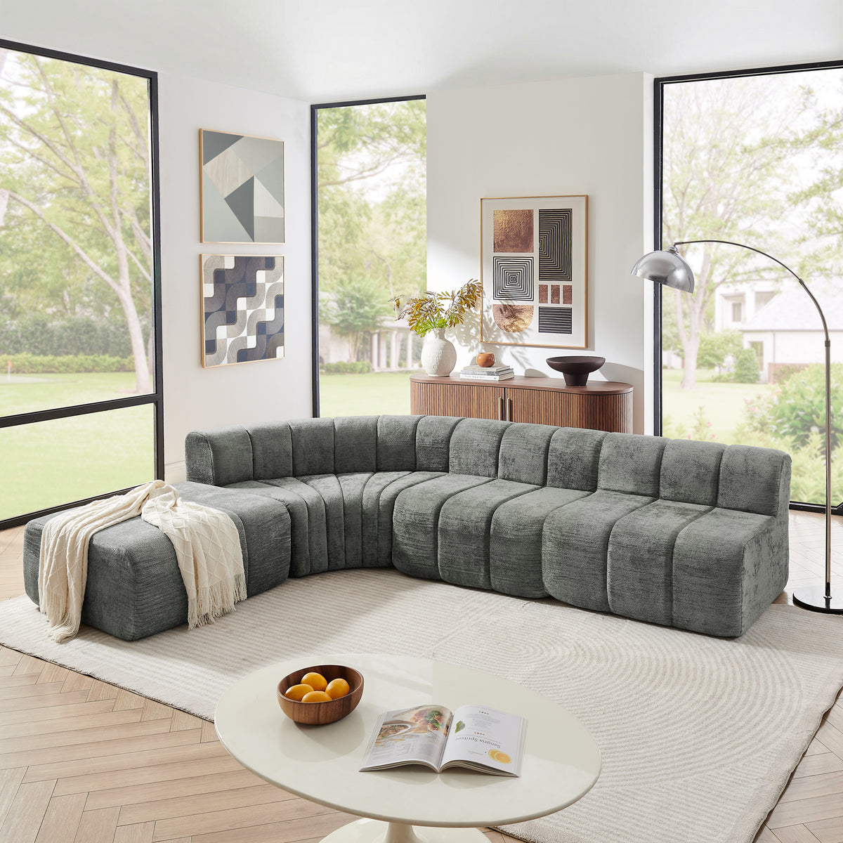 Dark Gray Chenille Modular Sectional Couch with Ottoman