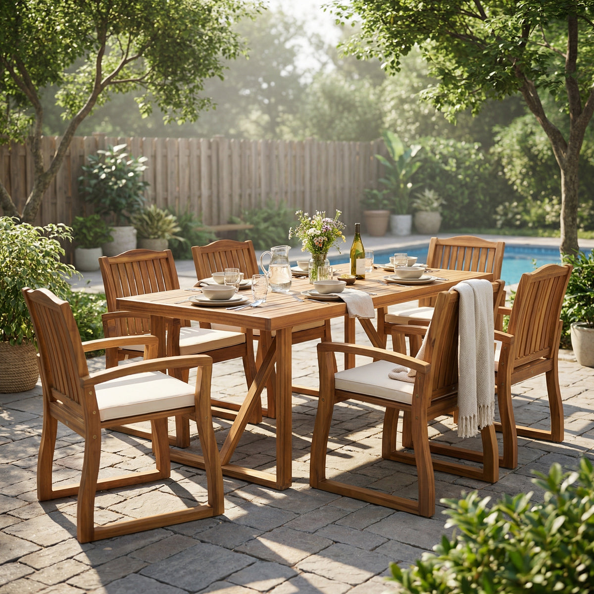 Teak Finish Solid Wood 7-Piece Patio Dining Set for 6 with Cream Cushions