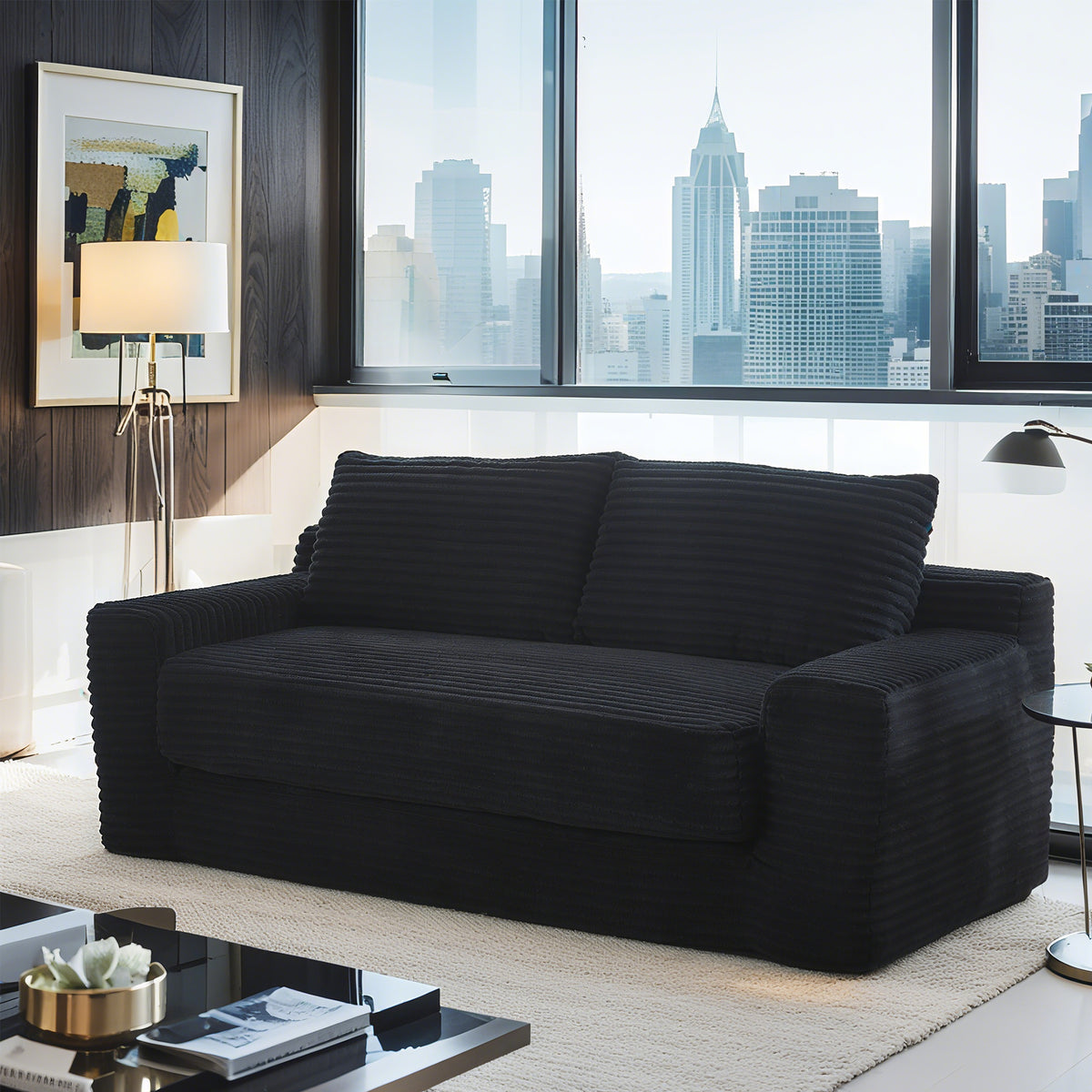 Black Corduroy Sleeper Loveseat, No Assembly, 56 in Wide