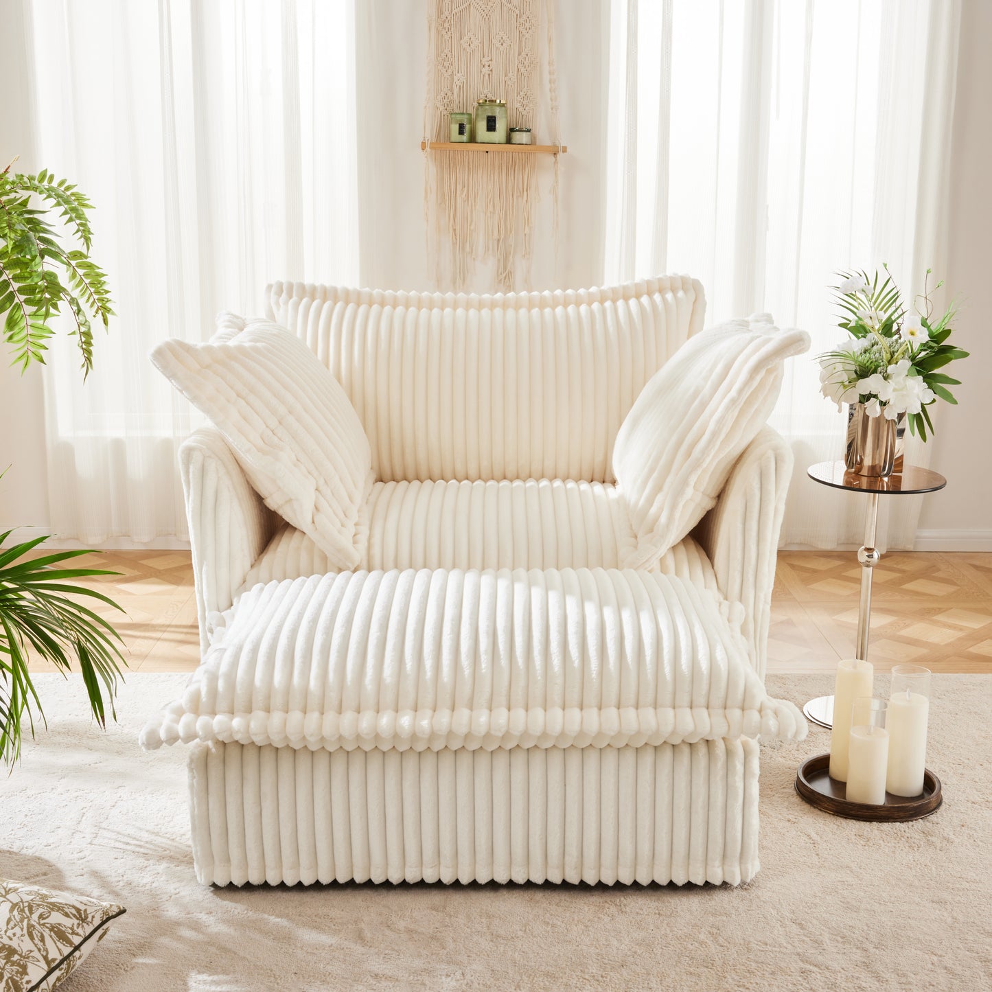 Fluffy Chair 1-Seat Sofa – Cream Corduroy with Ottoman, Washable