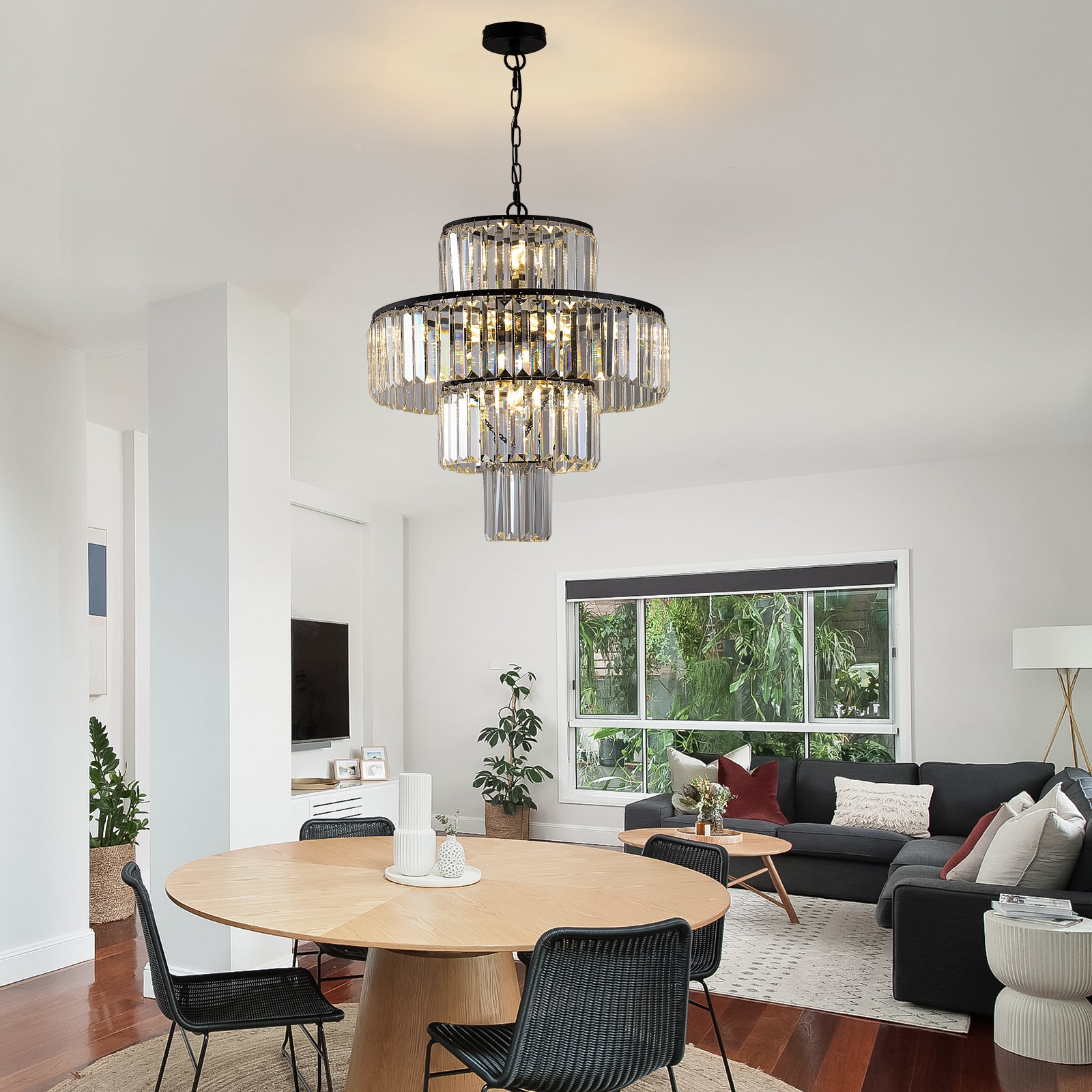 Chandelier with Crystal Shade, Iron Frame in Black