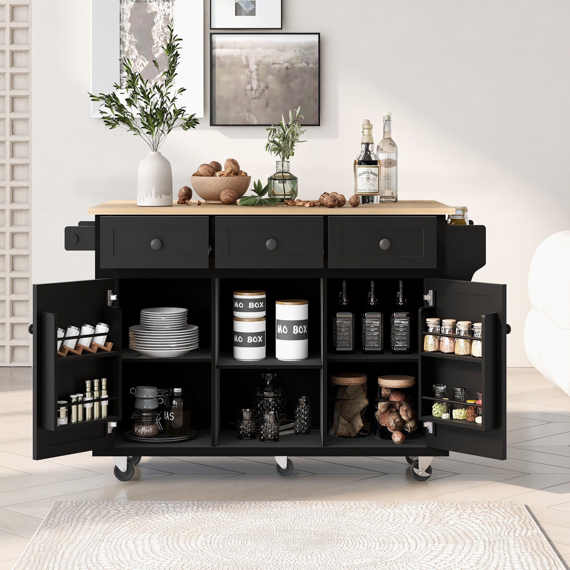Rolling Kitchen Island with Drop-Leaf, Black, 3 Drawers & Cabinet