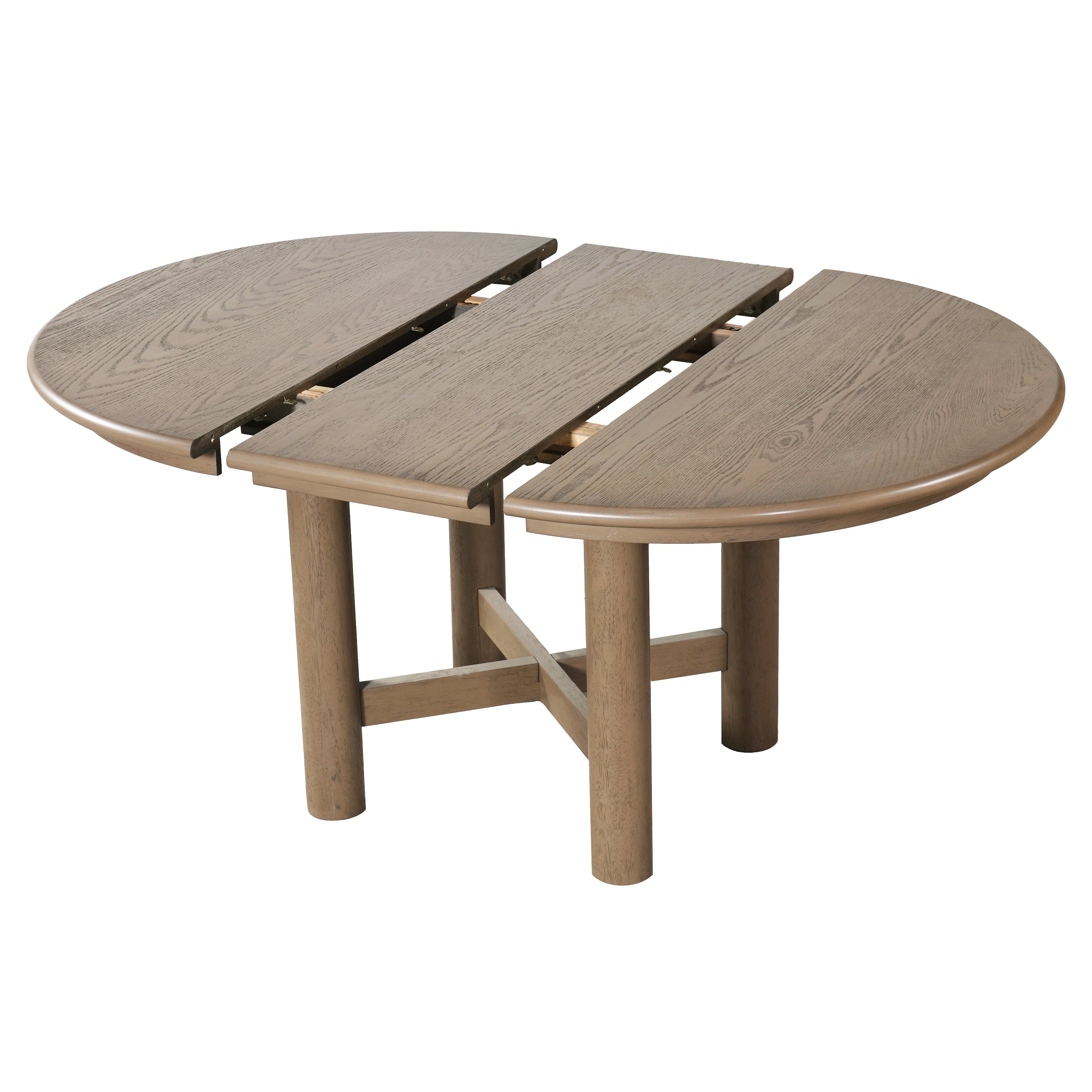 Studio view of the table split apart showing two half-round ends and the removable center leaf