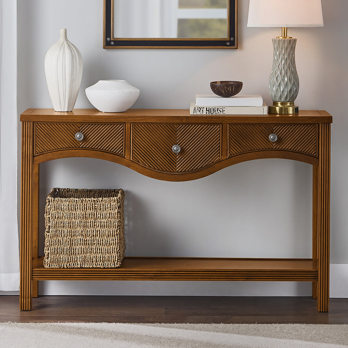 Brown Fluted Entryway Console Table, 3 Drawers, 52 in Wide