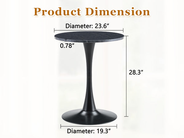 Dimension diagram of the black bistro table with the table centered and labeled measurements
