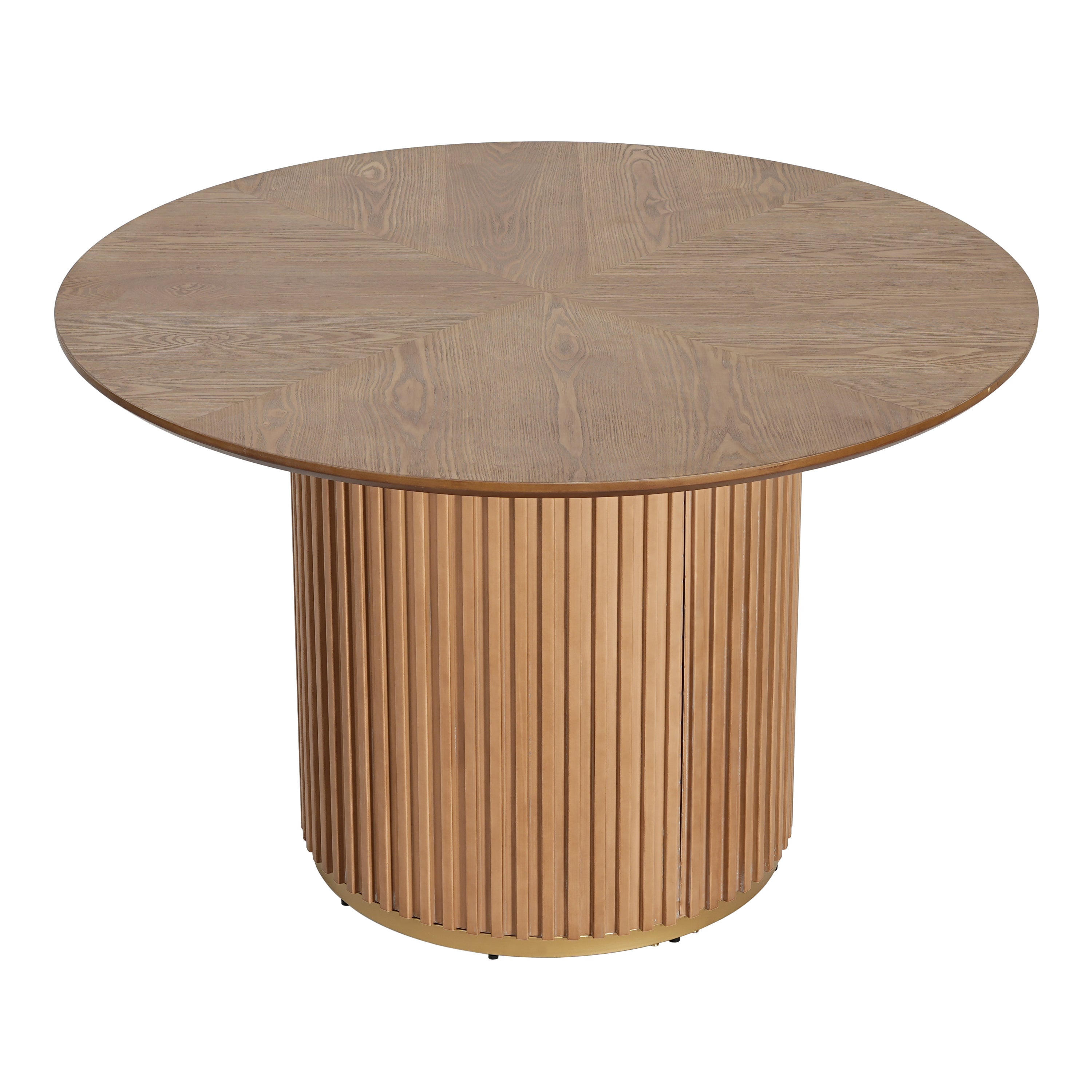 Round natural oak pedestal dining table on white background, three-quarter high angle view
