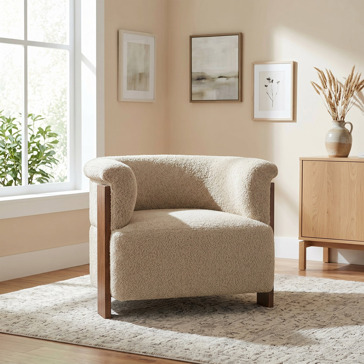 Brown Boucle Barrel Chair