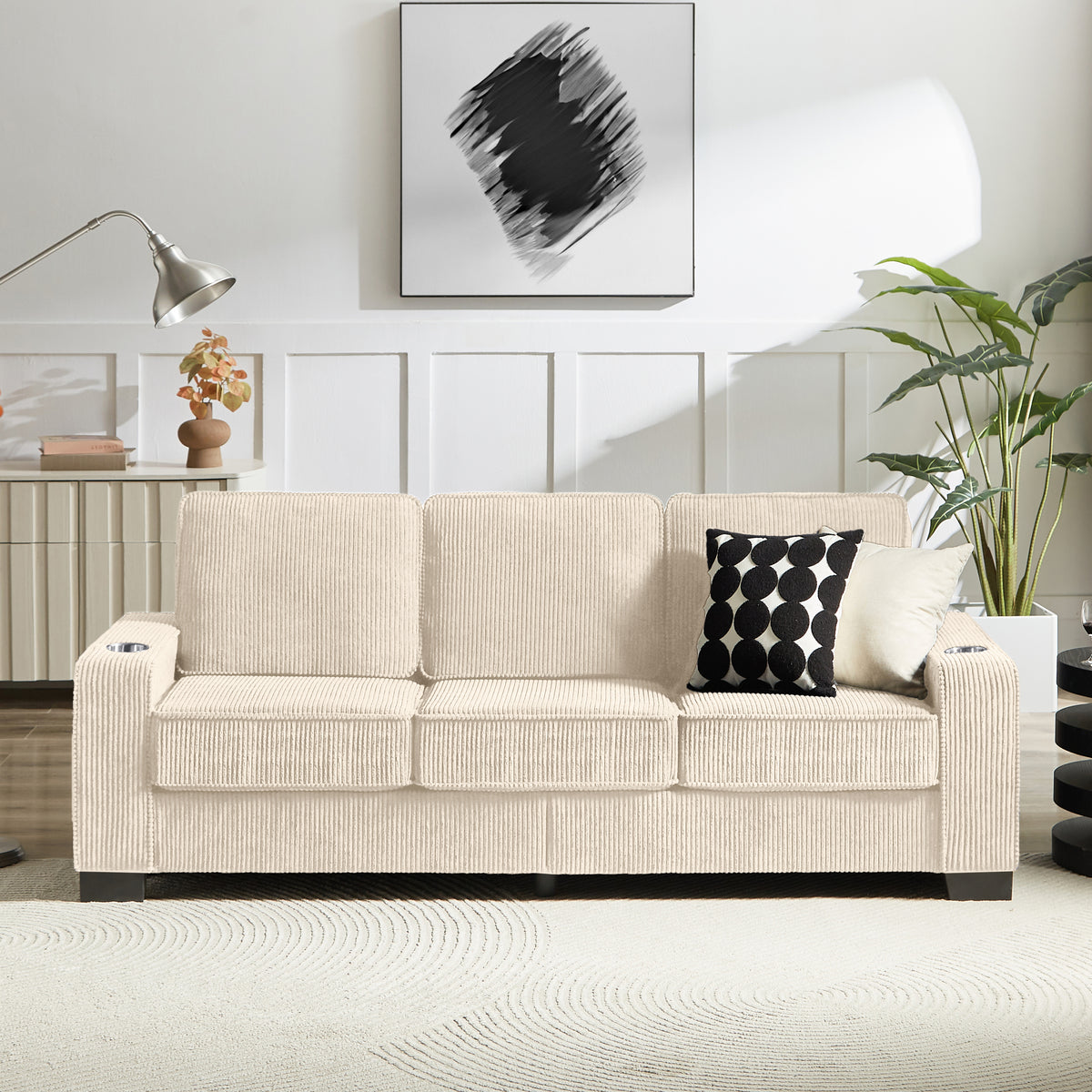 Beige Corduroy 3-Seat Couch, 84.3 in Wide