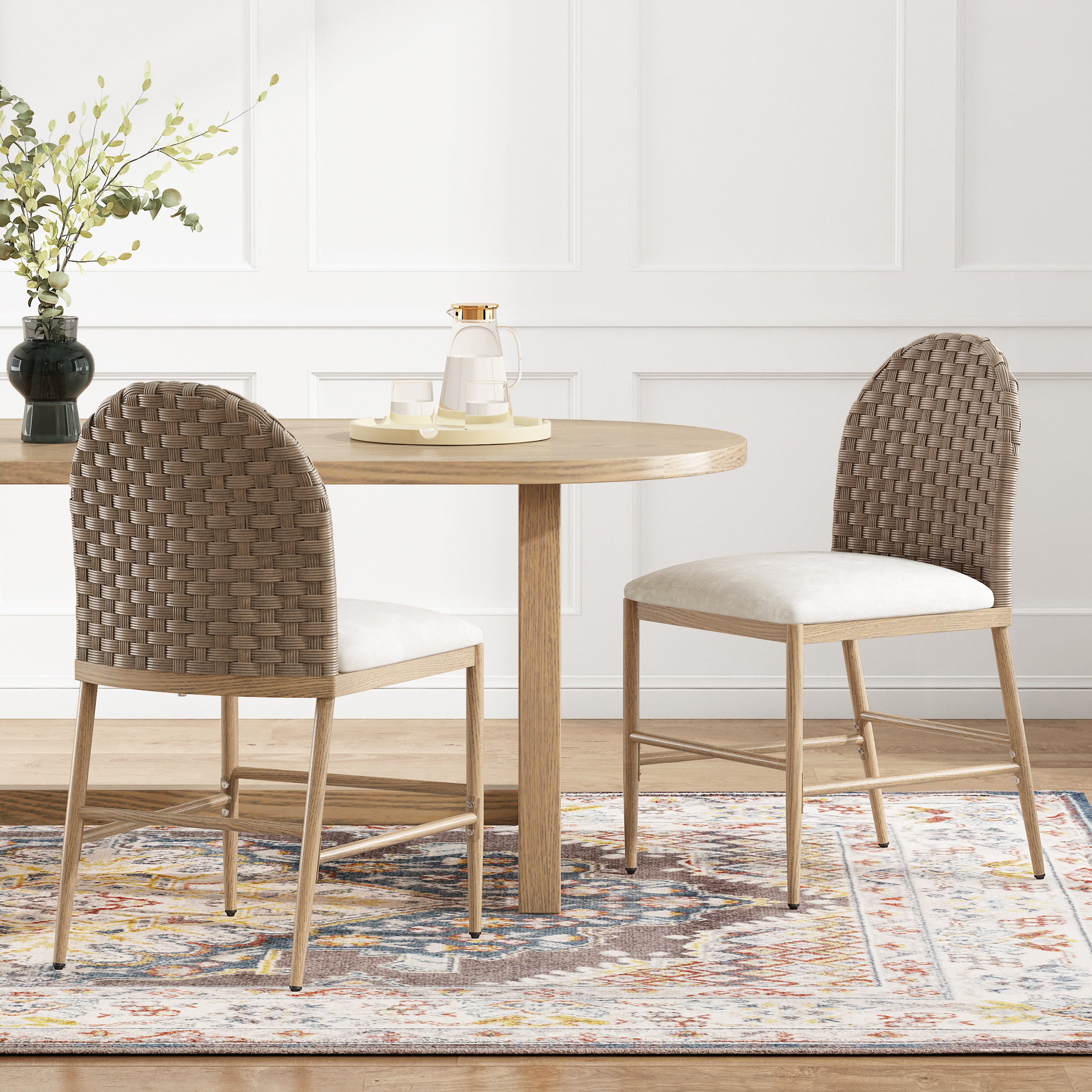 Farmhouse Woven-Back Dining Chairs Set of 2, Brown & Cream