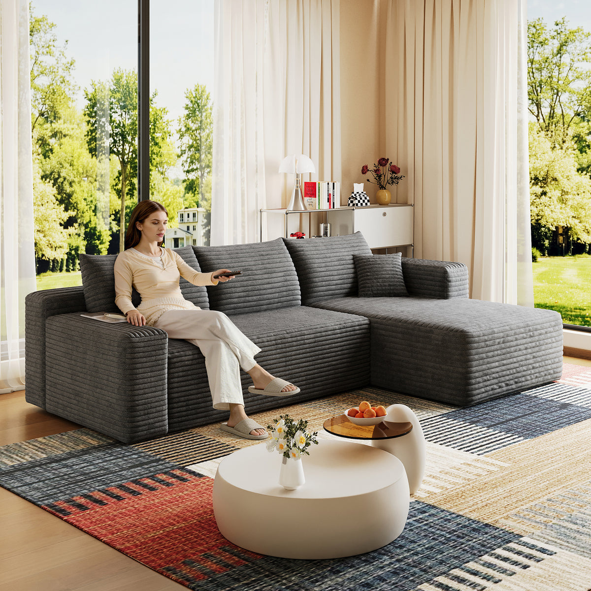 Dark Gray Corduroy L-Shaped Sectional, 95 in Wide