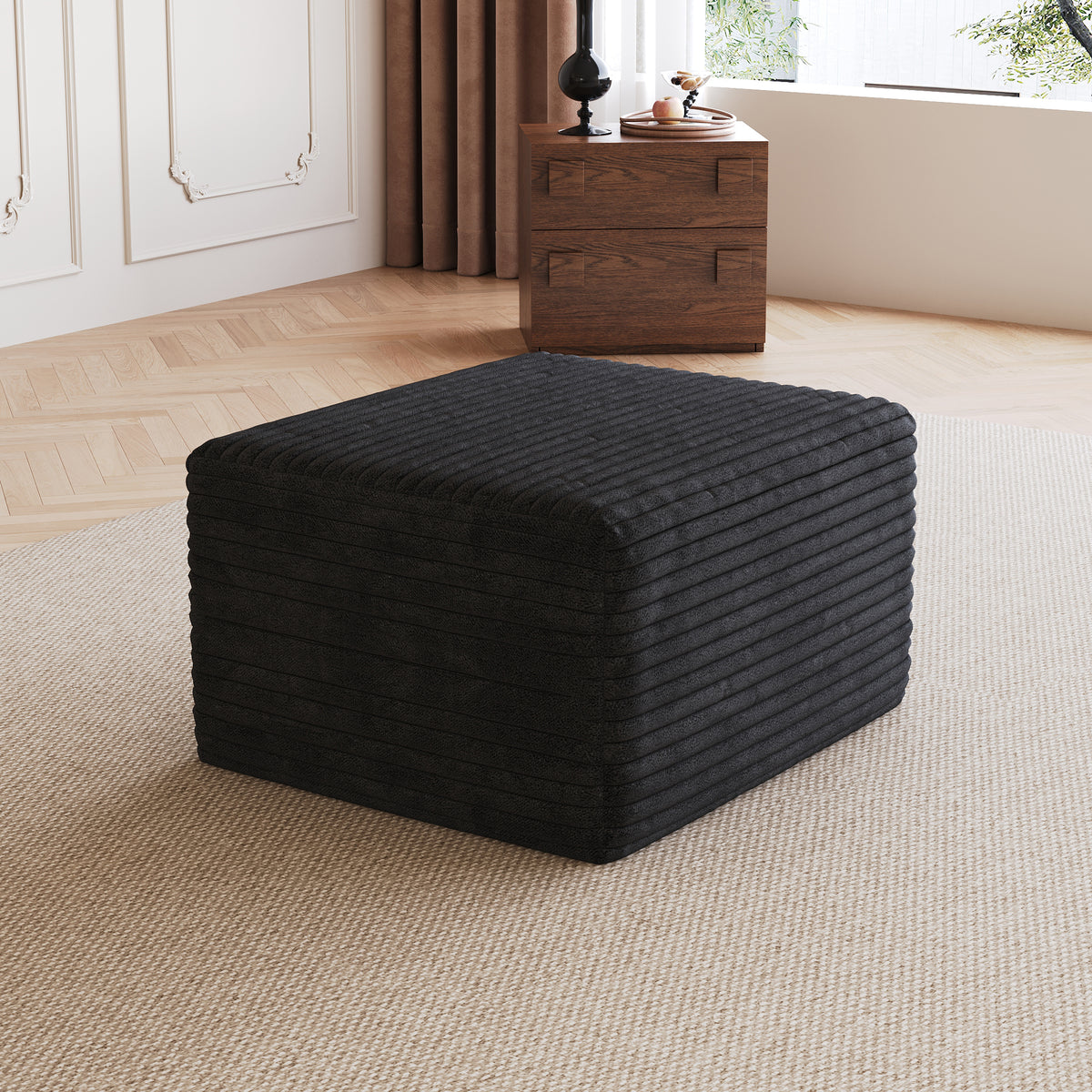 Black Corduroy Ottoman, 25.6 in