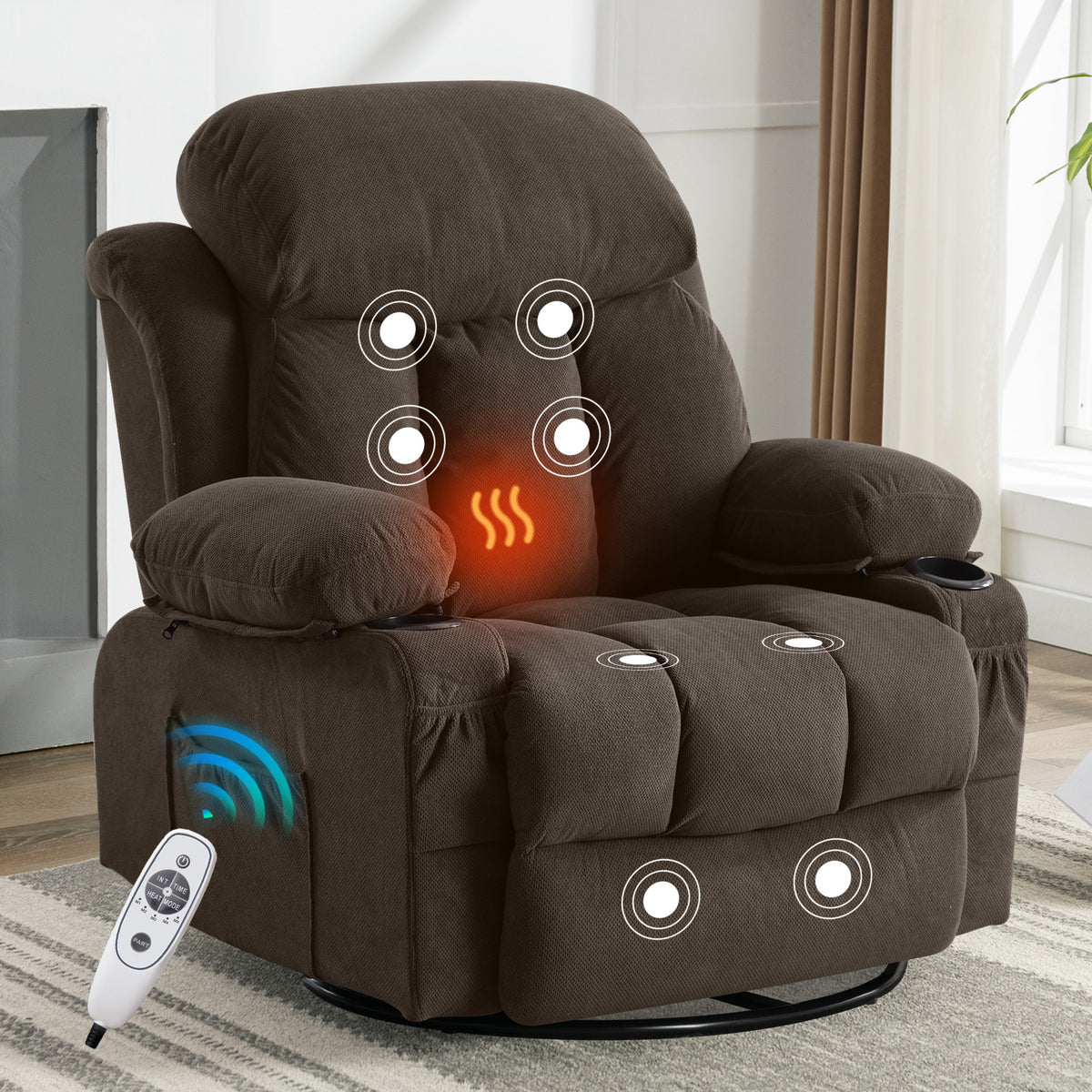 Brown Velvet Swivel Recliner, Massage and Heat