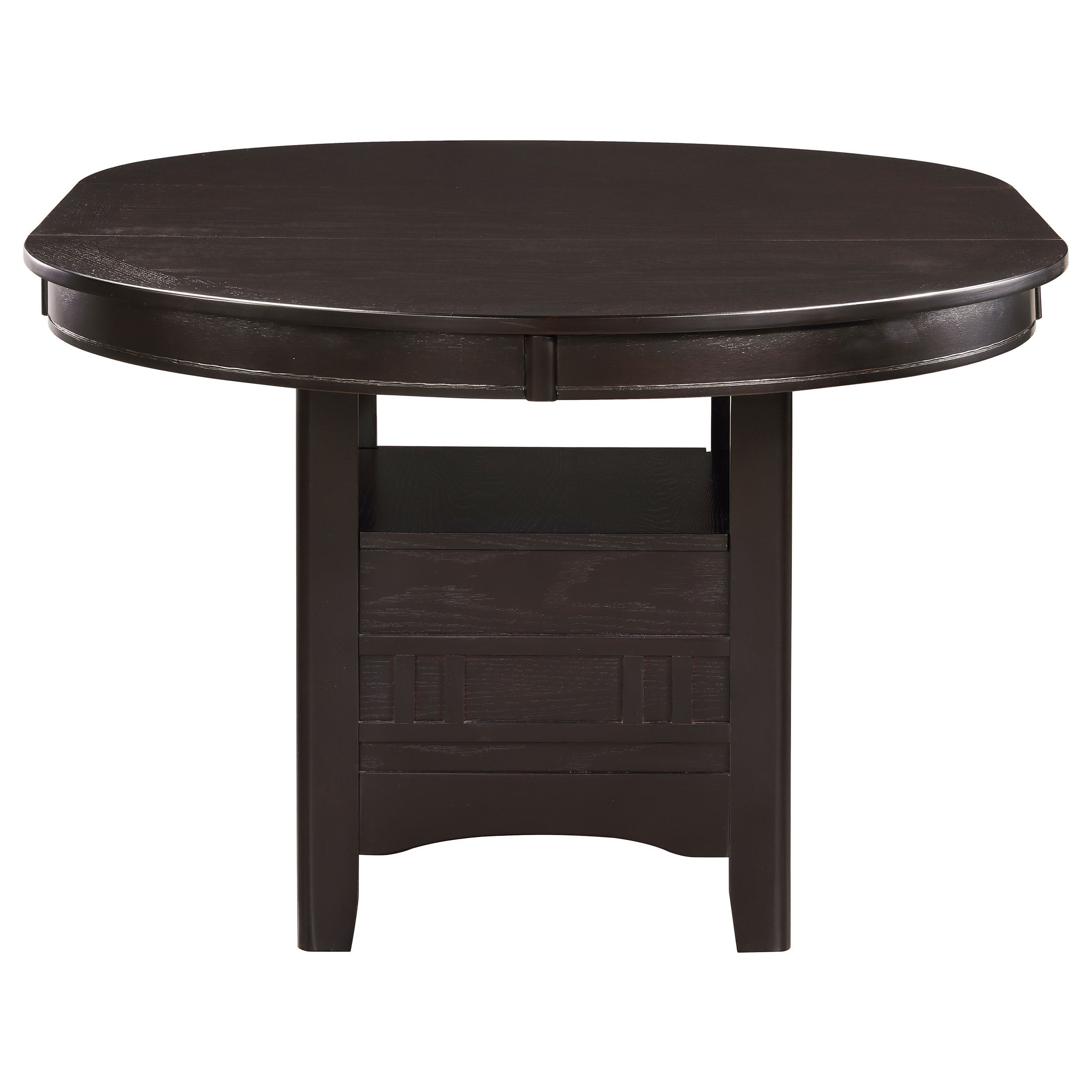 Espresso dining table with the leaf removed, front view of the storage pedestal on white